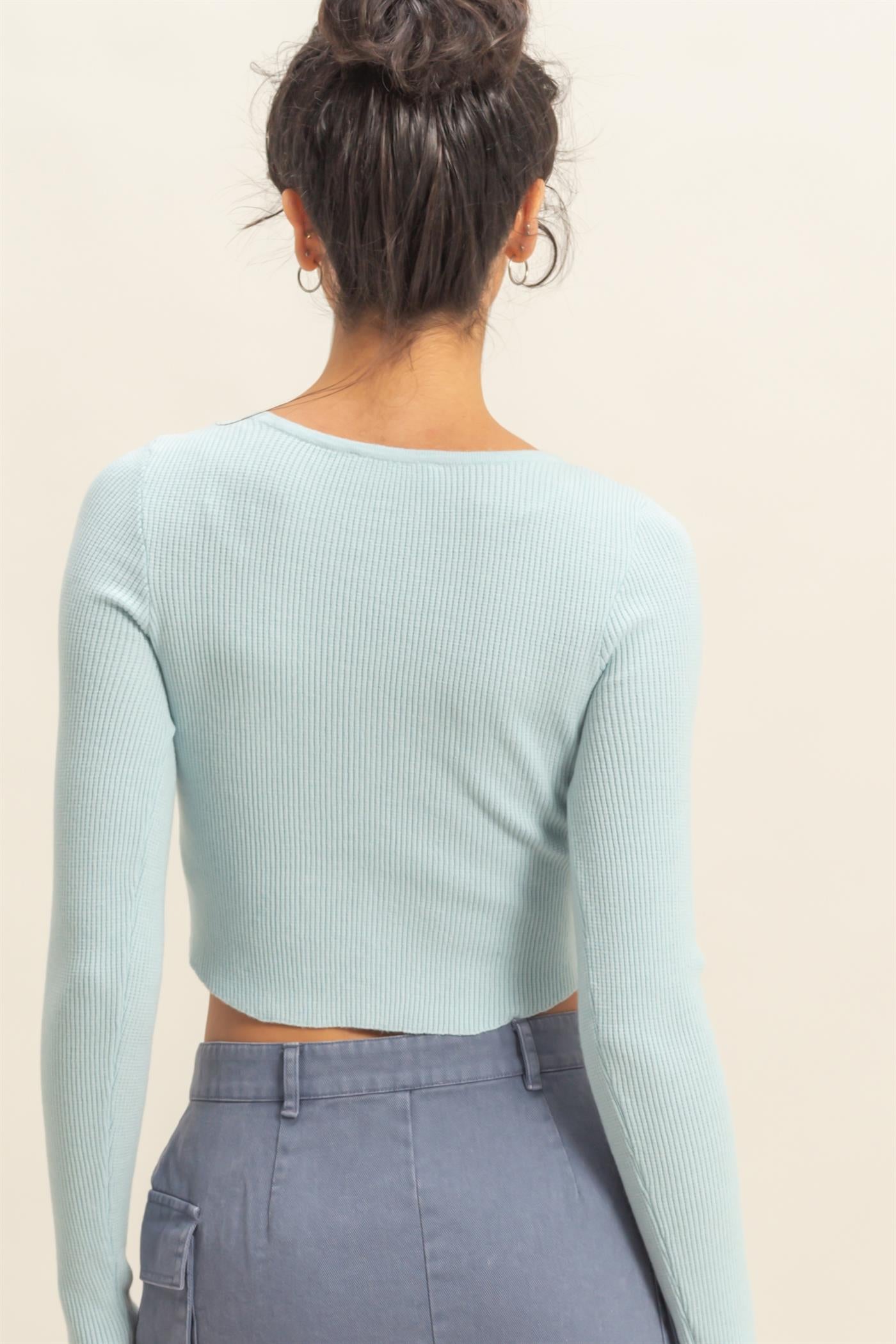 Wholesale Scoop Neck Long Sleeve Fitted Knit Top Clothing Tops DZ25E353 ICE BLUE DOUBLE ZERO