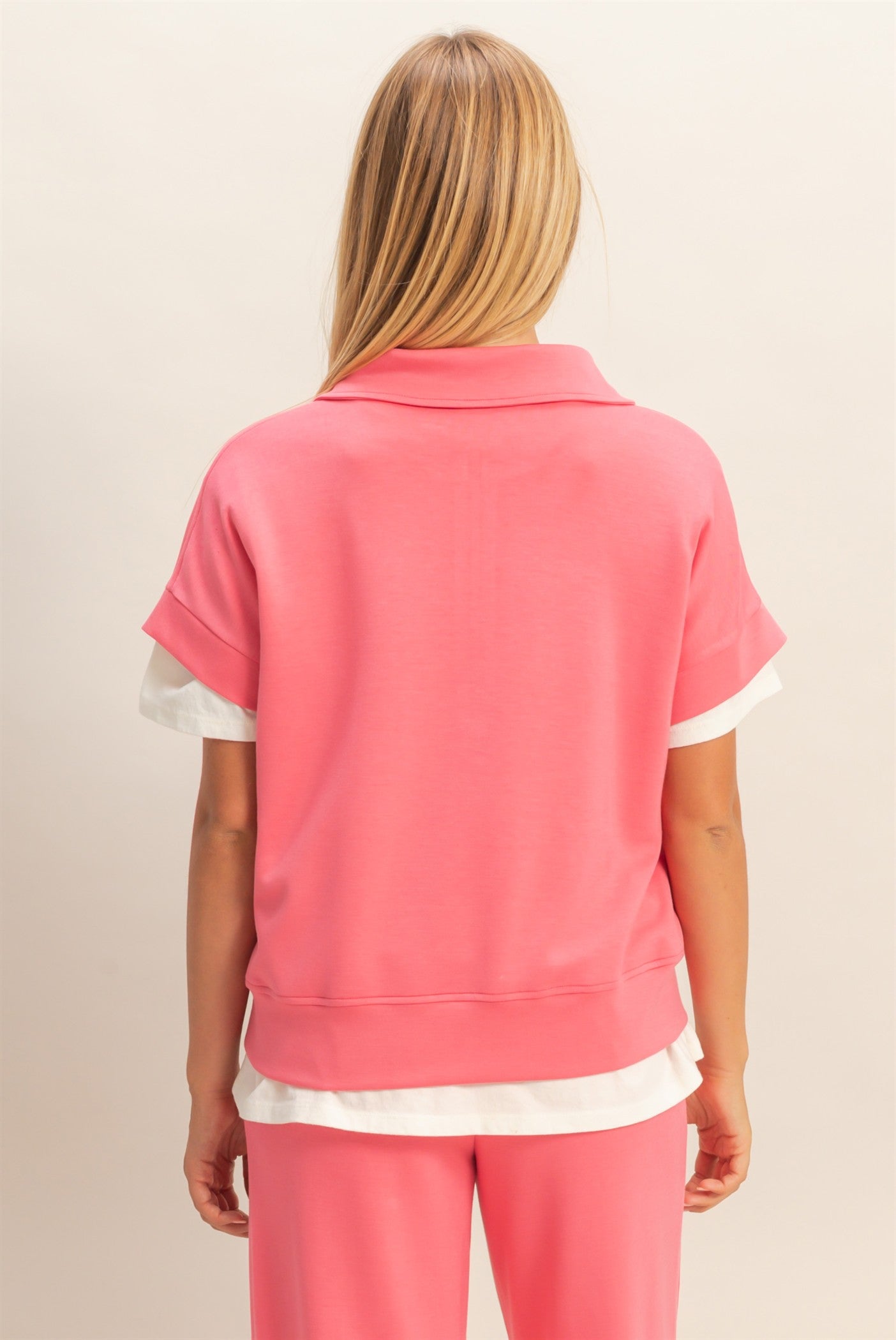 Wholesale Short Sleeve High Neck Half-Zip Top Clothing Tops DZ26C735 TAFFY PINK DOUBLE ZERO
