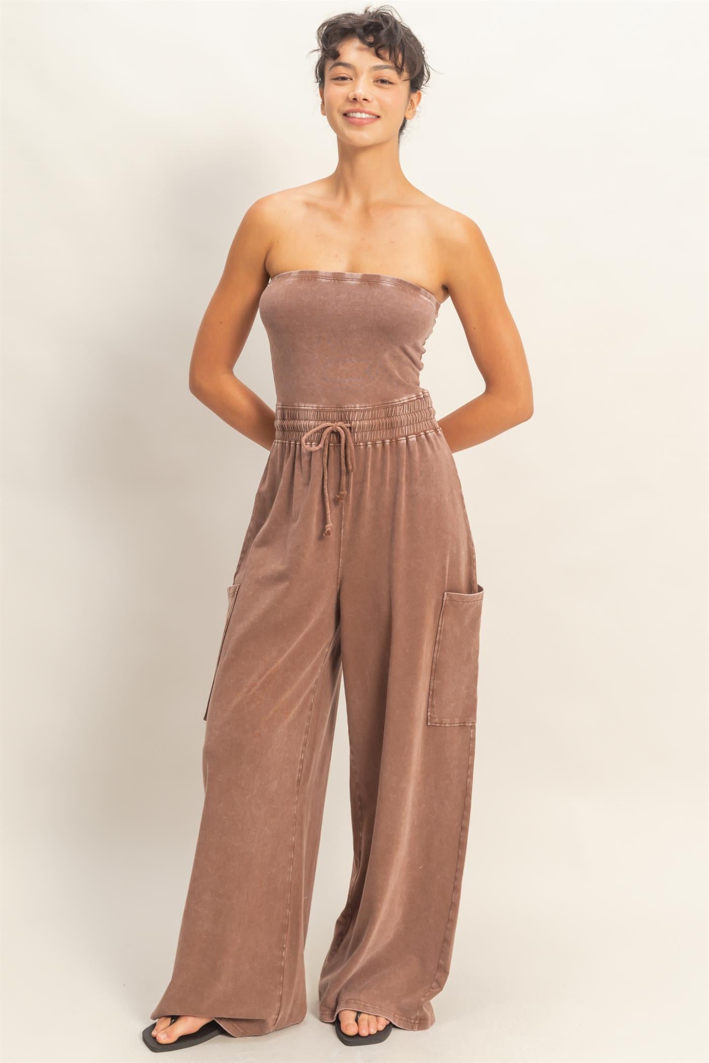 Wholesale Mineral Wash Strapless Wide-Leg Jumpsuit Clothing DZ26C376 CHOCOLATE DOUBLE ZERO