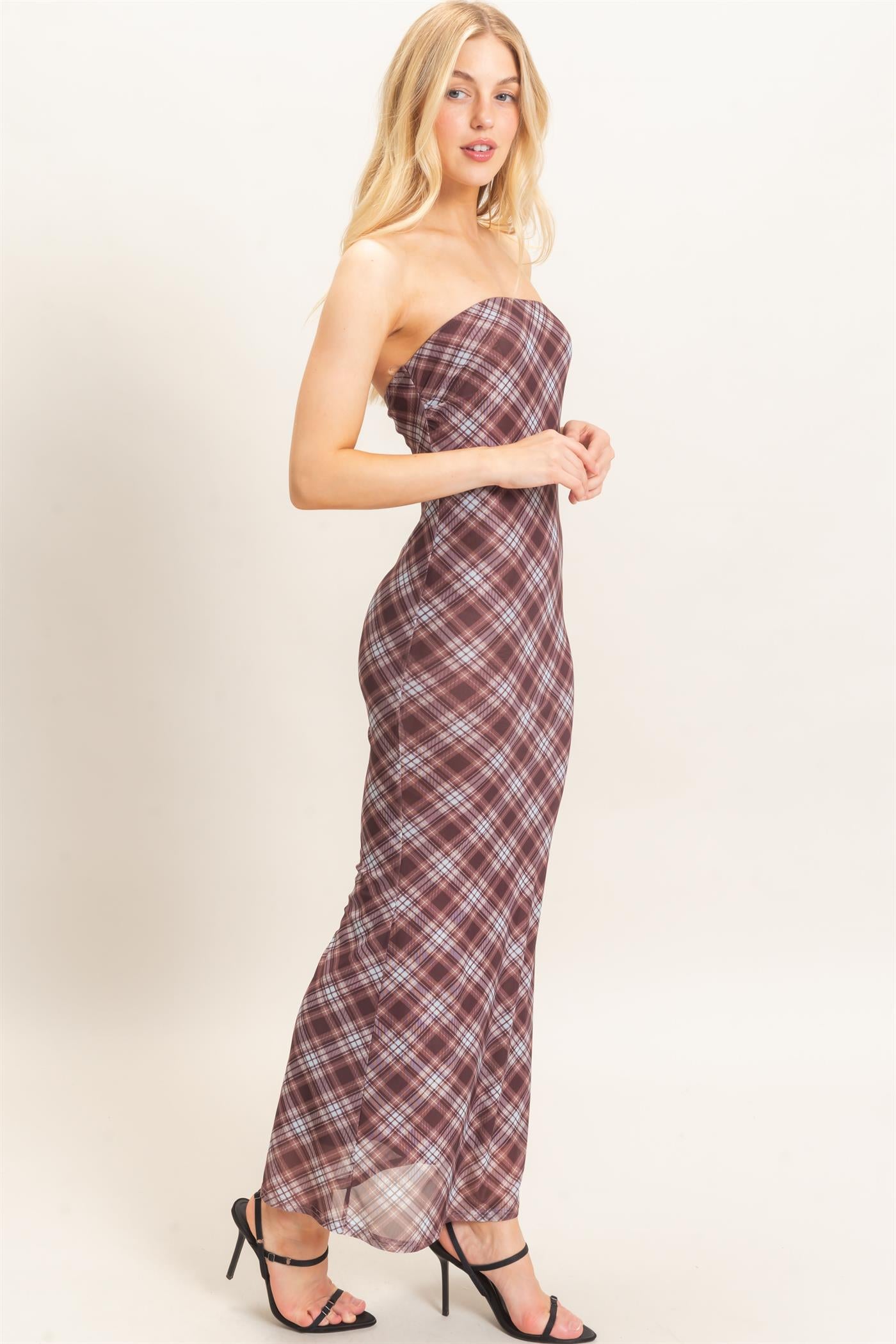 Wholesale Strapless Printed Mesh Maxi Dress Dresses HF26F212 BROWN/PLAID HYFVE