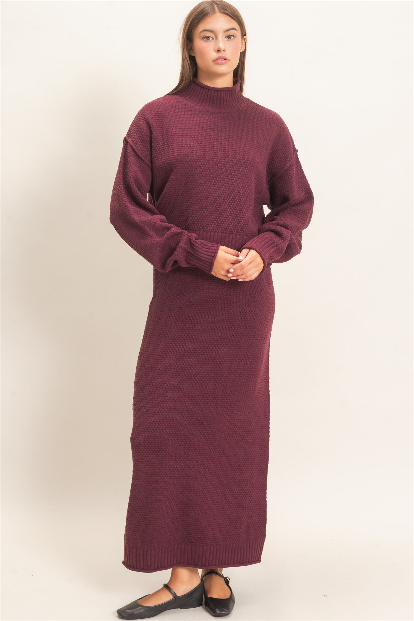 Wholesale High Neck Long Sleeve Top & Maxi Skirt Set Clothing DZ26E272-SET DARK CHERRY DOUBLE ZERO
