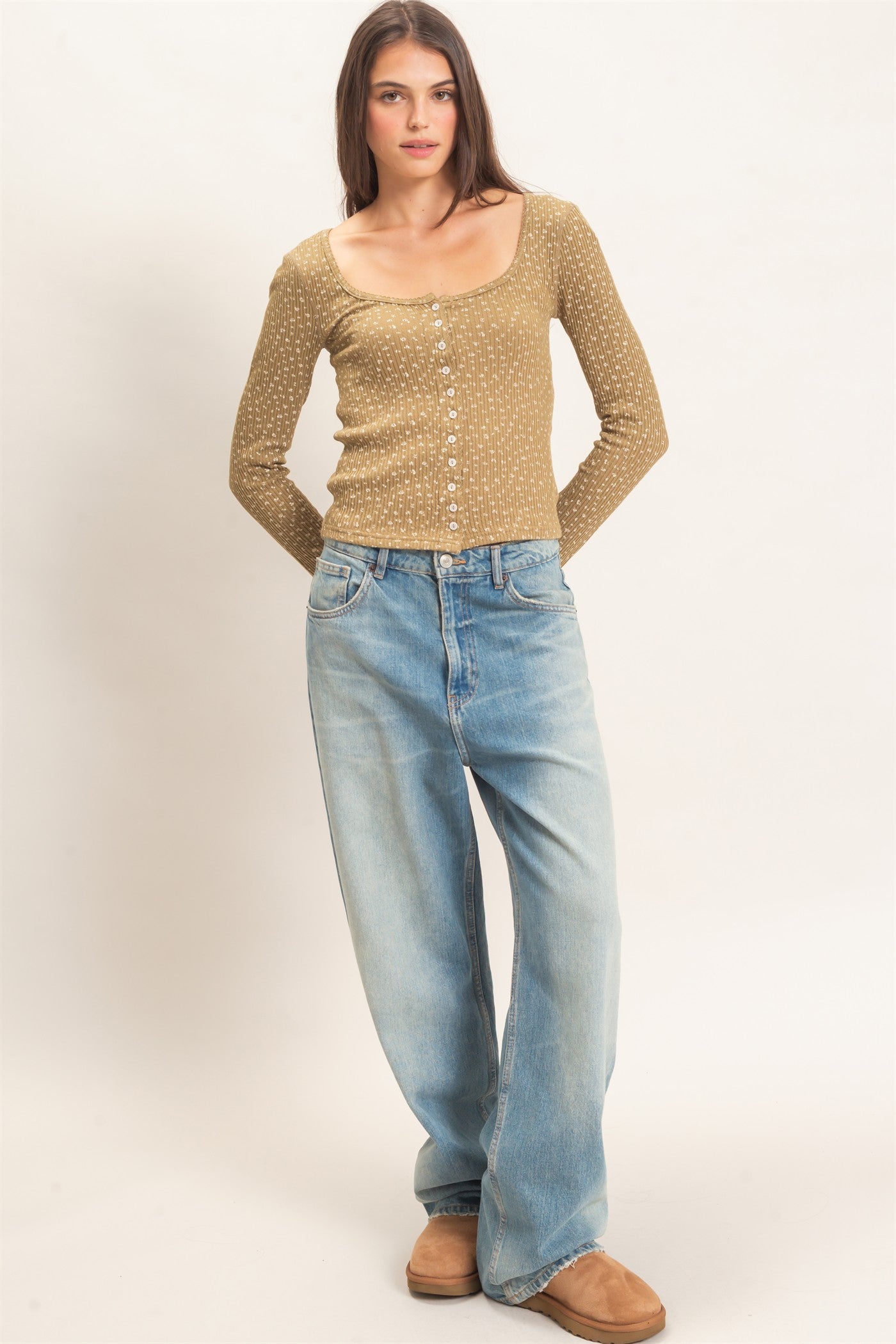 Wholesale Square Neck Button-Up Top Clothing Tops HF26E675 OLIVE HYFVE