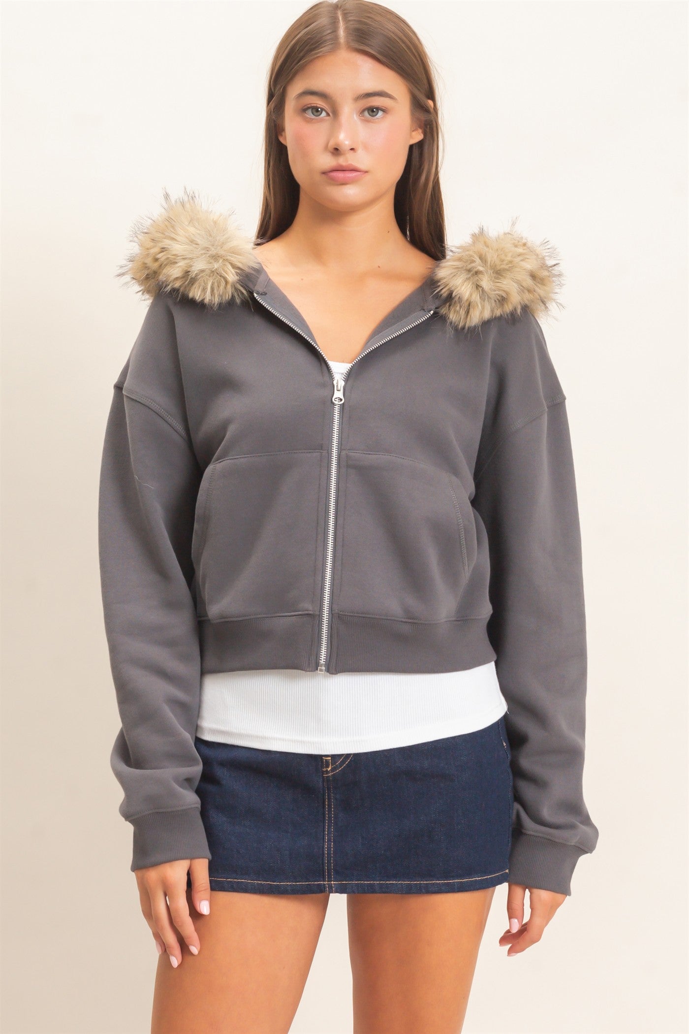 Wholesale Detachable Fur Zip Up Hoodie Hoodies DZ26F396 CHARCOAL DOUBLE ZERO