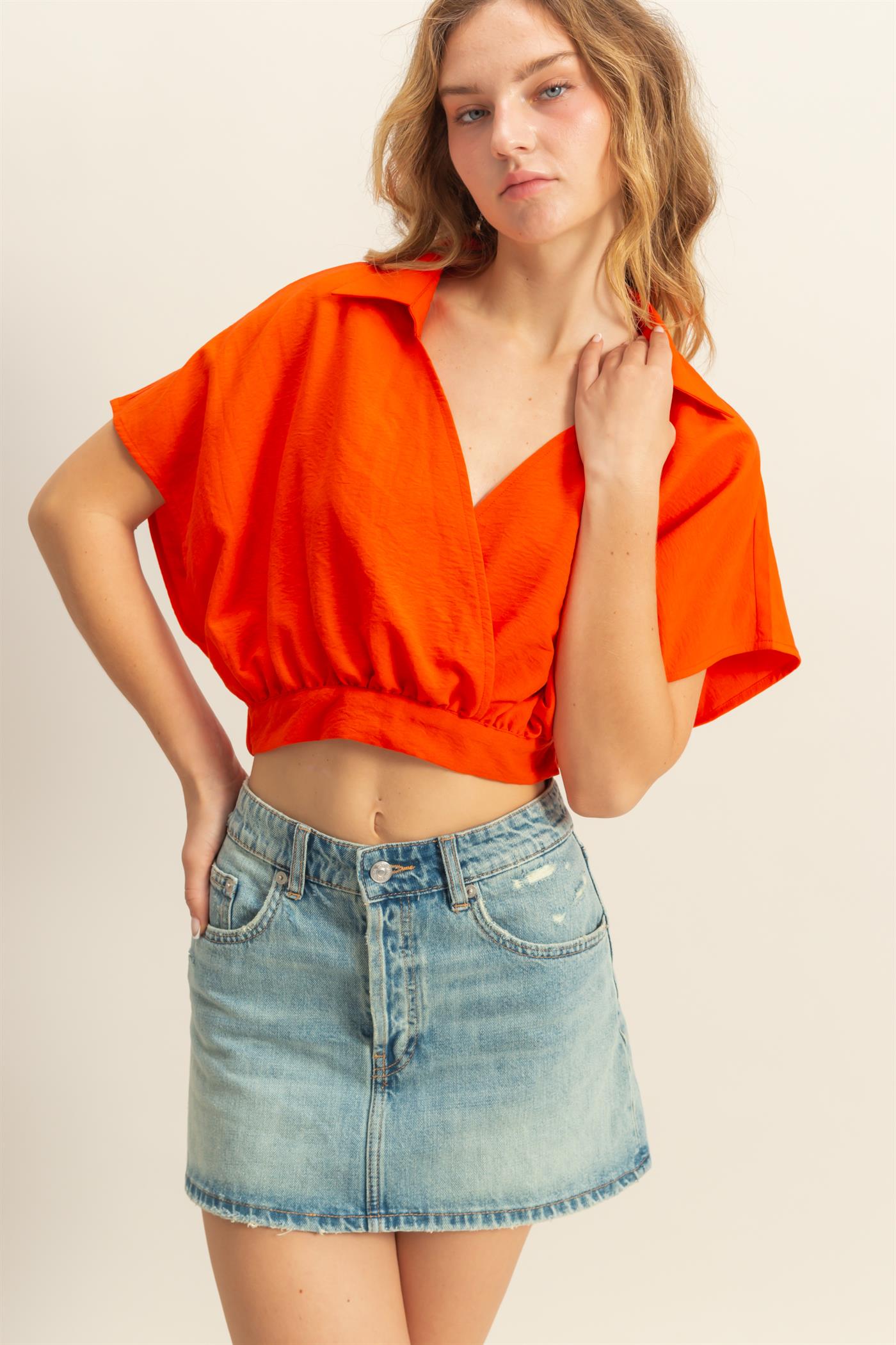 Wholesale Casual Batwing Sleeves Surplice Top Blouses DZ25C243 TOMATO DOUBLE ZERO