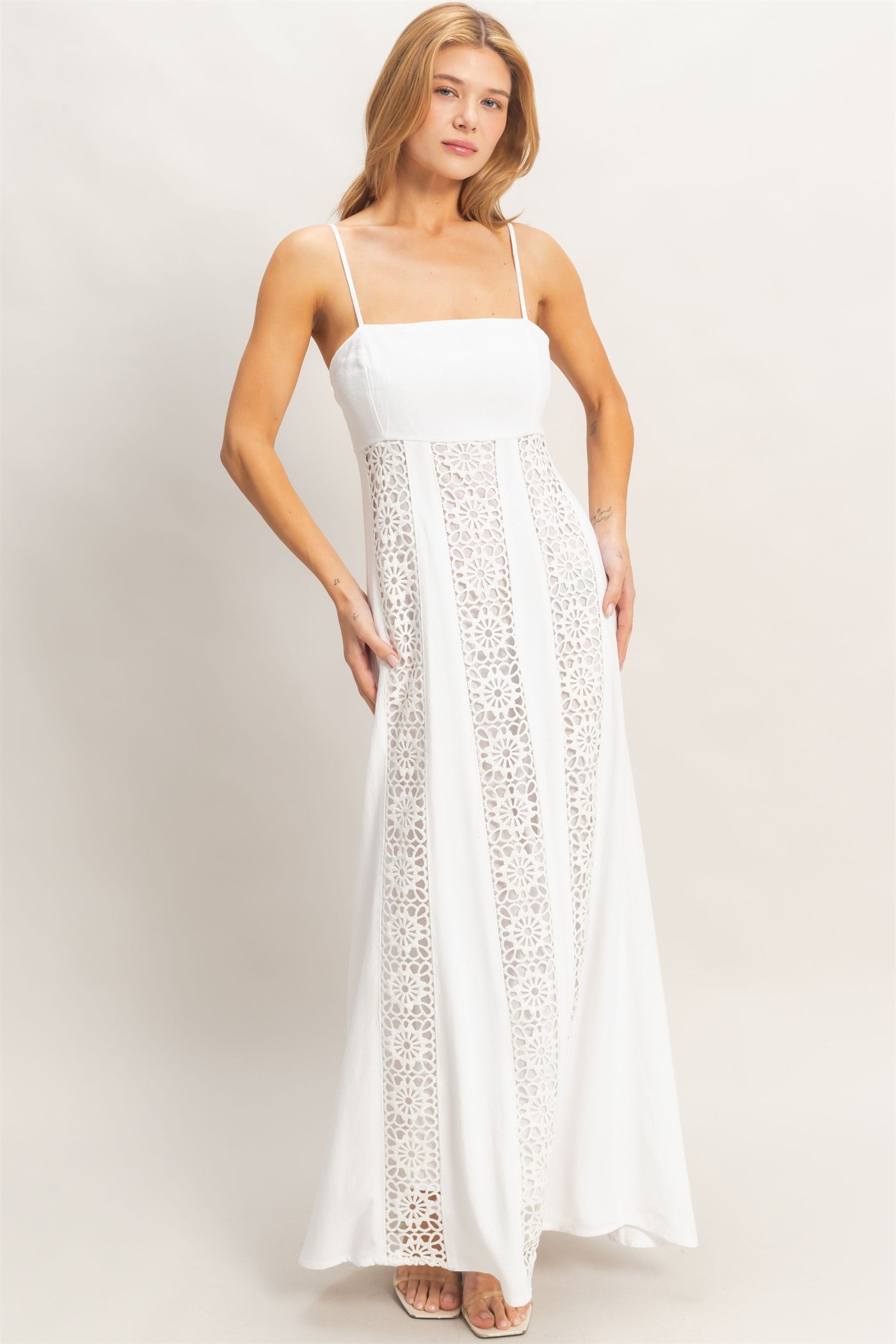 Wholesale Woven Lace Trim Maxi Dress Dresses HF26A498 WHITE HYFVE