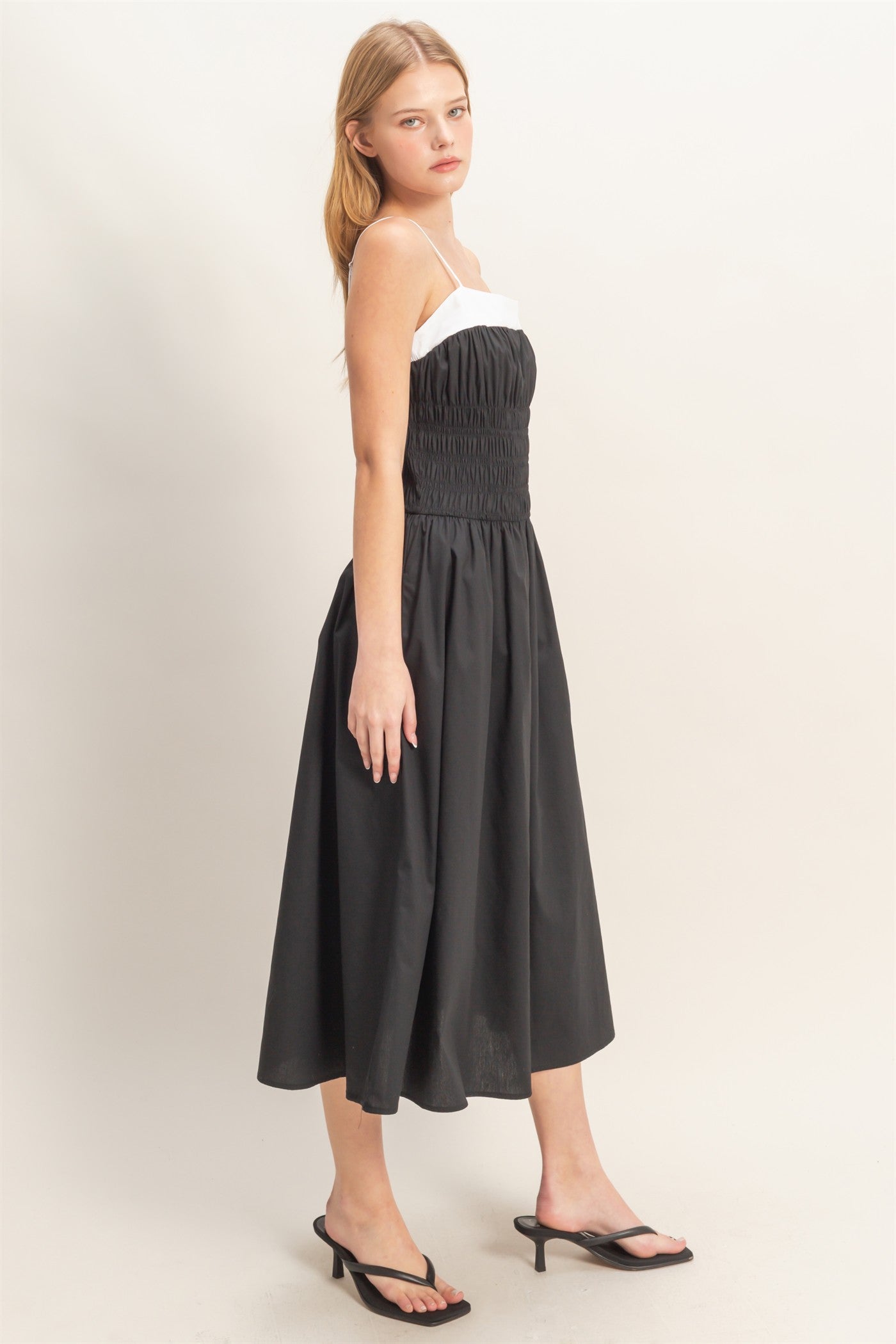 Wholesale Smocked Strapped Midi Dress Dresses HF26A624 BLACK HYFVE