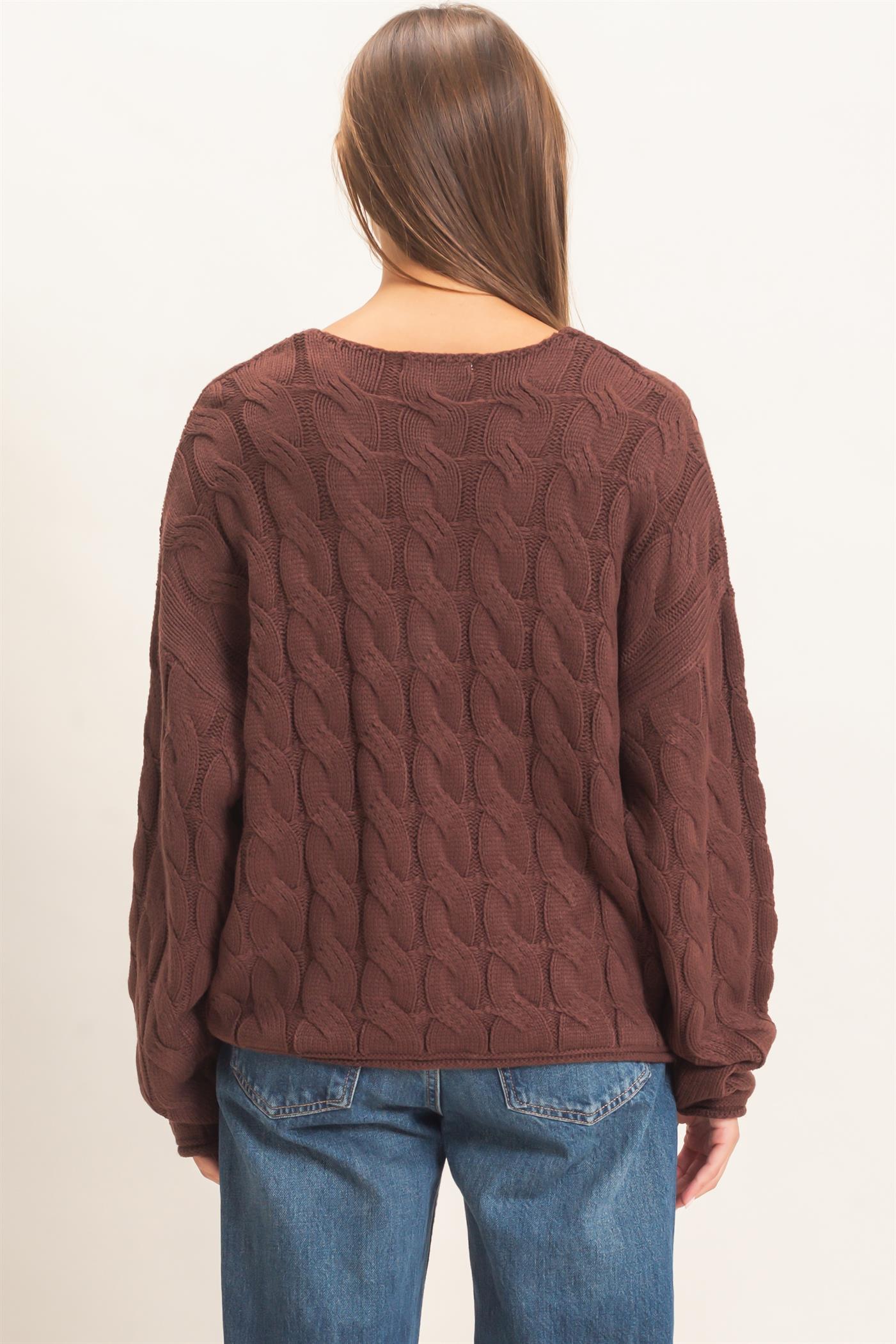 Wholesale Cable Knit V-Neck Sweater Sweaters DZ26E087 DARK BROWN DOUBLE ZERO