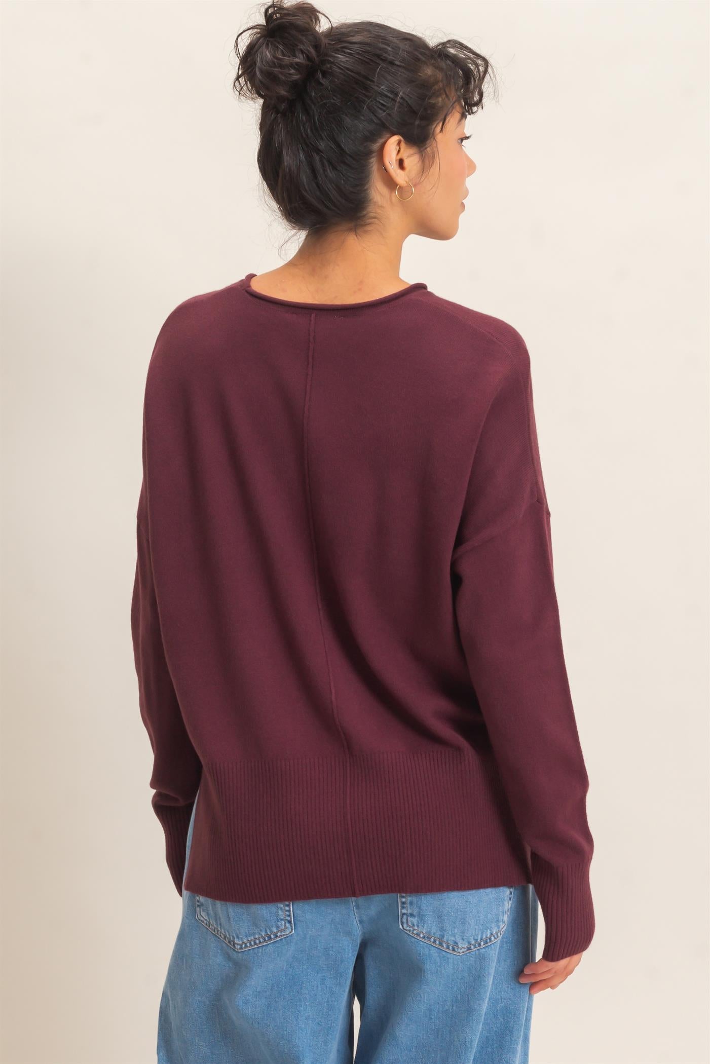 Wholesale Roll Neck Seam Detail Sweater Sweaters DZ26C975 DARK CHERRY DOUBLE ZERO