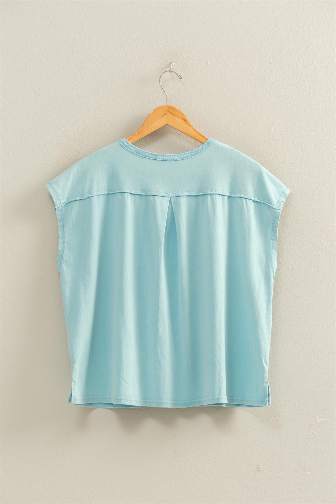 Wholesale Henley Neck Cap Sleeve Top Clothing Tops DZ26E279 BLUE DOUBLE ZERO