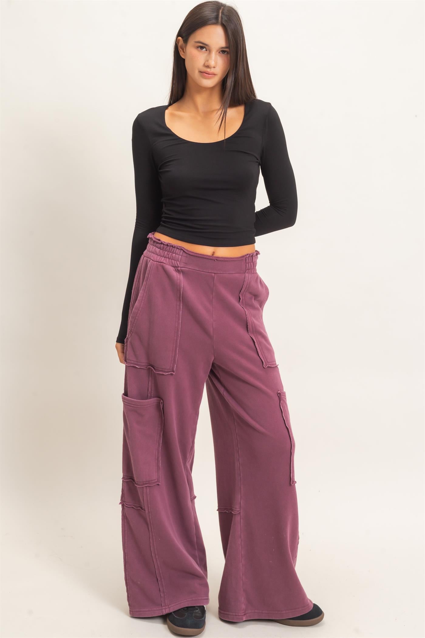 Wholesale Mineral Wash Cargo Pocket Pants Pants DZ26C963 DARK CHERRY DOUBLE ZERO