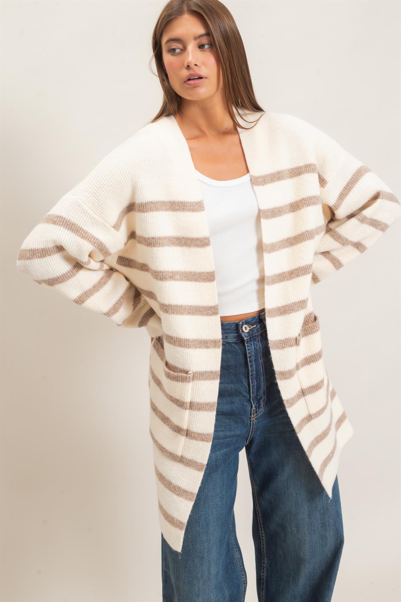 Wholesale Open Front Stripe Cardigan Cardigans DZ26C342 SAND DOUBLE ZERO