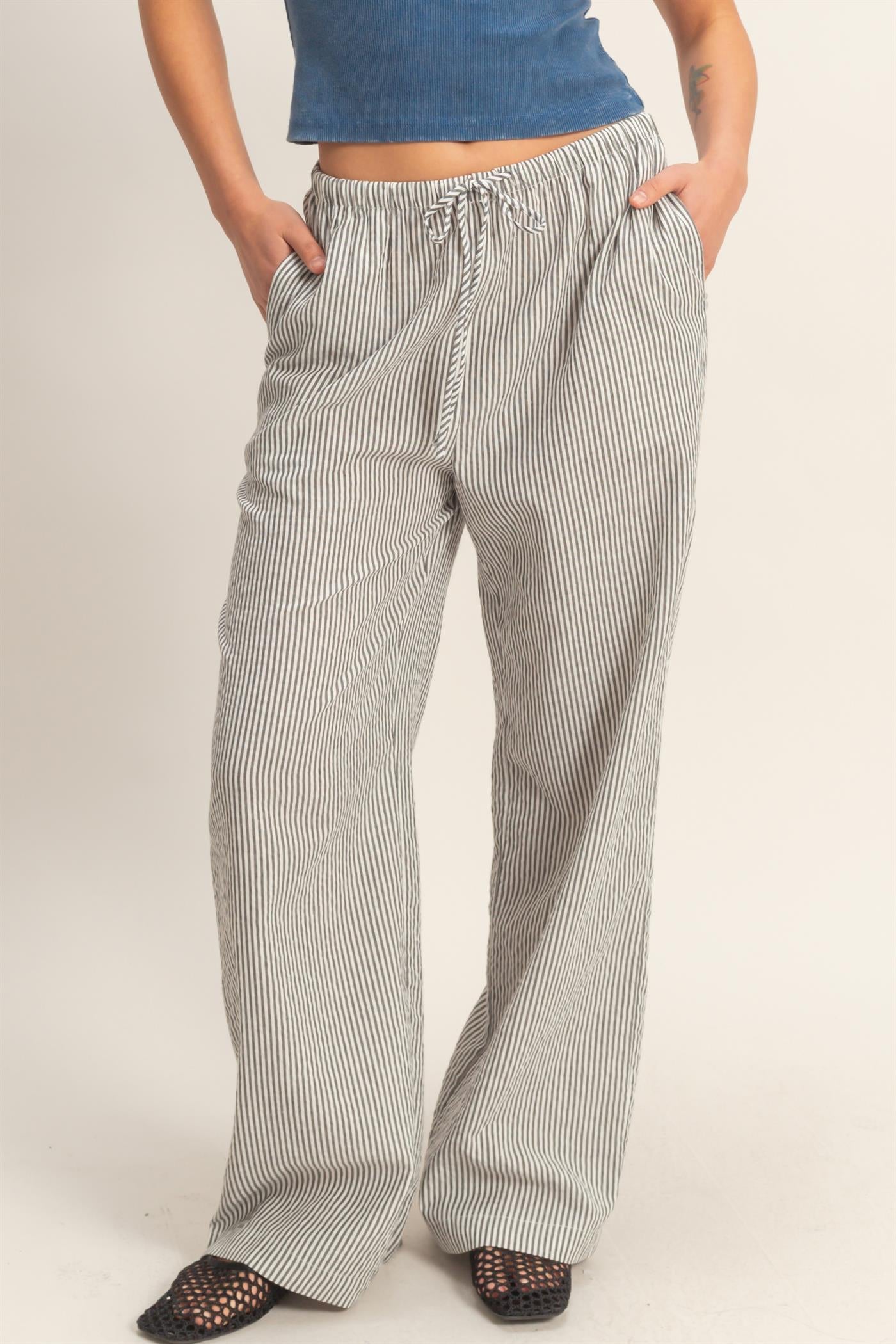 Wholesale Striped Wide Leg Pants Pants DZ26A752 BLACK DOUBLE ZERO