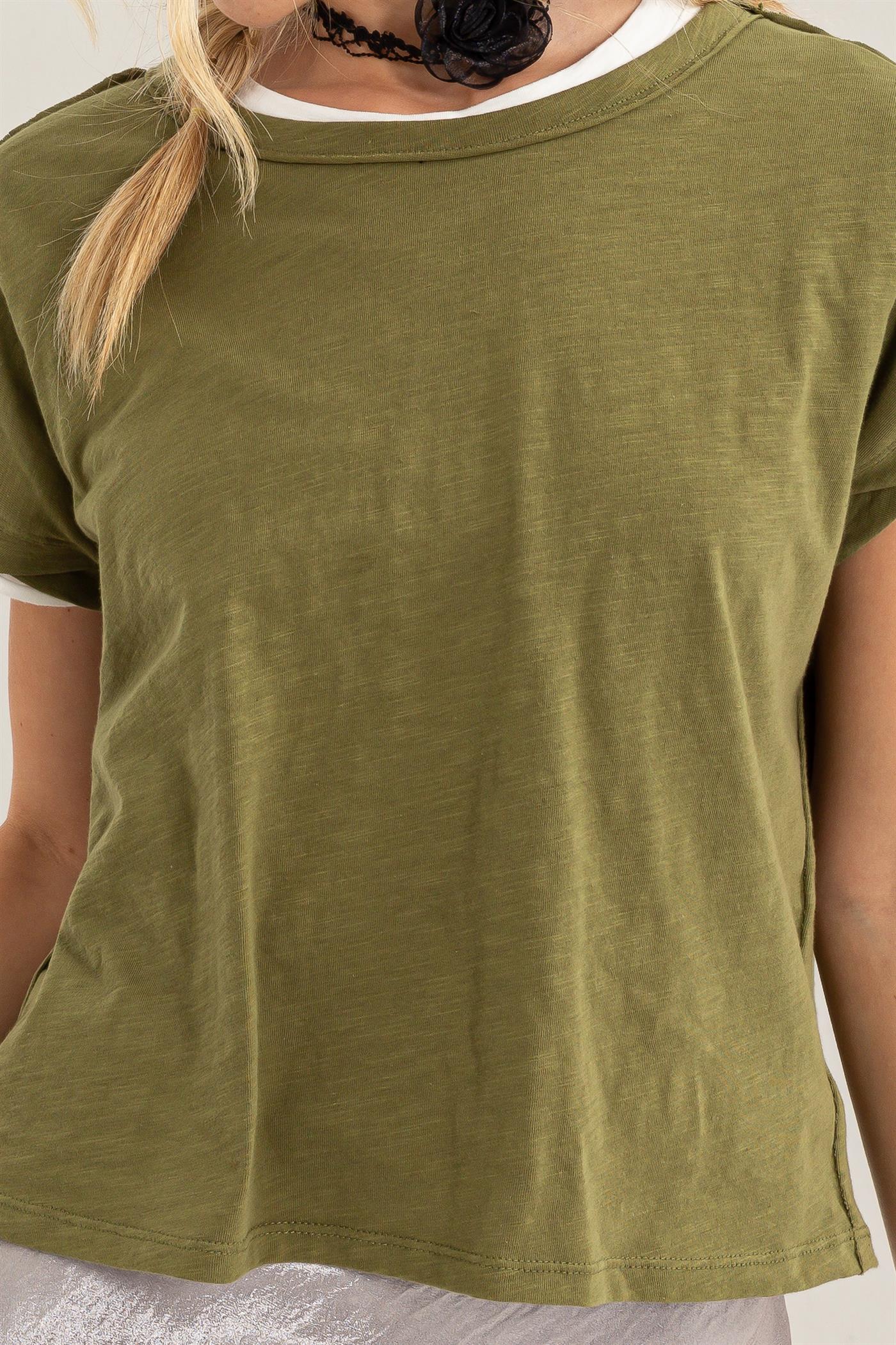 Wholesale Raw Edge Detail Short Sleeve T Shirt Clothing Tops DZ24C244 MOSS DOUBLE ZERO