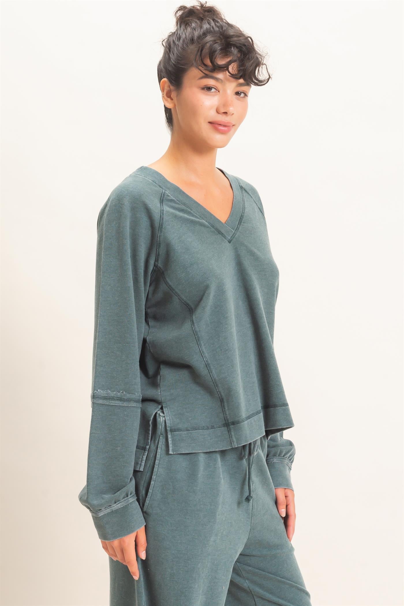 Wholesale Mineral Wash V-Neck Seam Detail Sweatshirt Sweatshirts DZ26F014 DARK GREEN DOUBLE ZERO