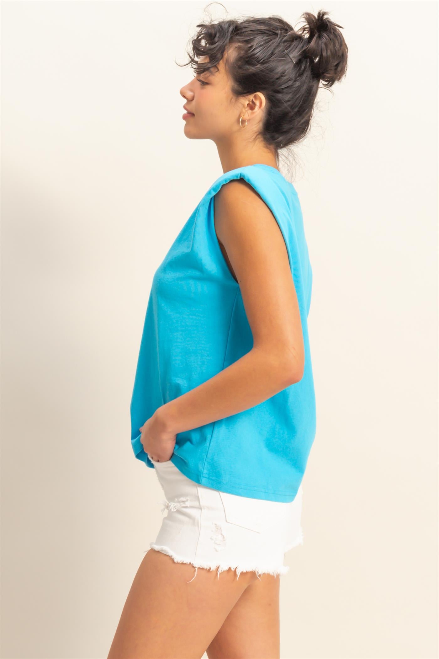 Wholesale Shoulder Pad Sleeveless Top Clothing Tops DZ24C849 AQUA BLUE DOUBLE ZERO