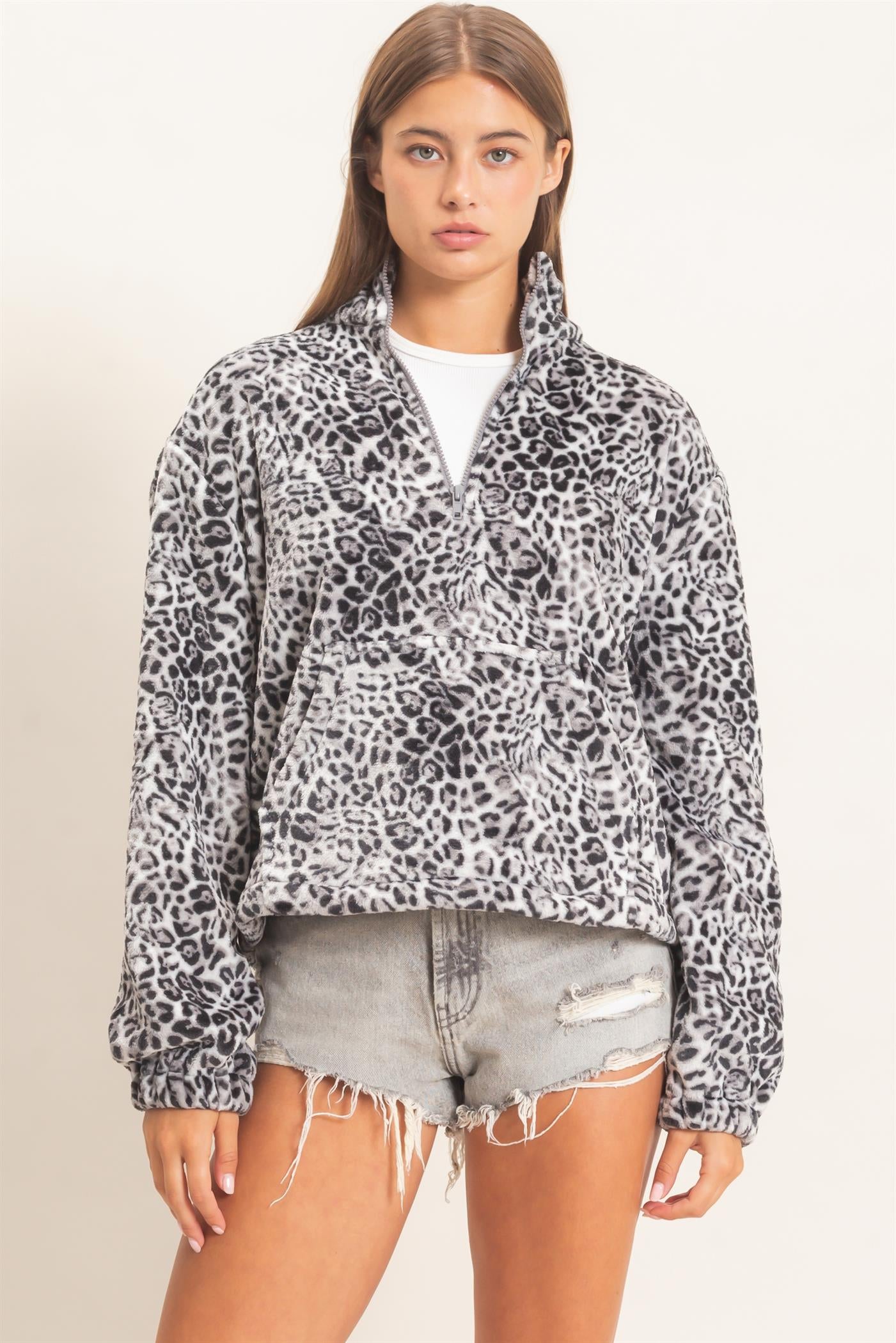 Wholesale Leopard Print Fleece Half Zip Pullover Sweaters DZ26E830 GRAY DOUBLE ZERO