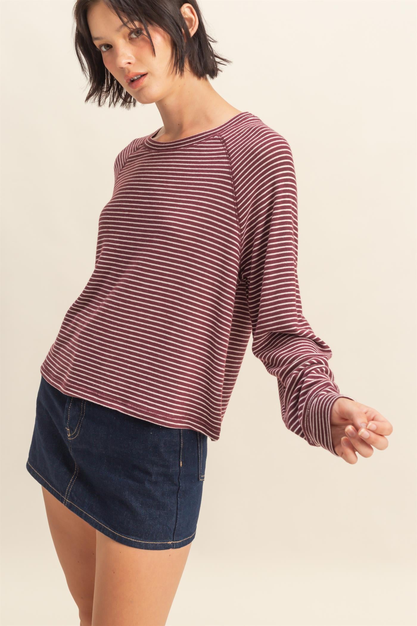 Wholesale Striped Raglan Long Sleeve Top Clothing Tops DZ25E600 DARK CHERRY/CREAM DOUBLE ZERO