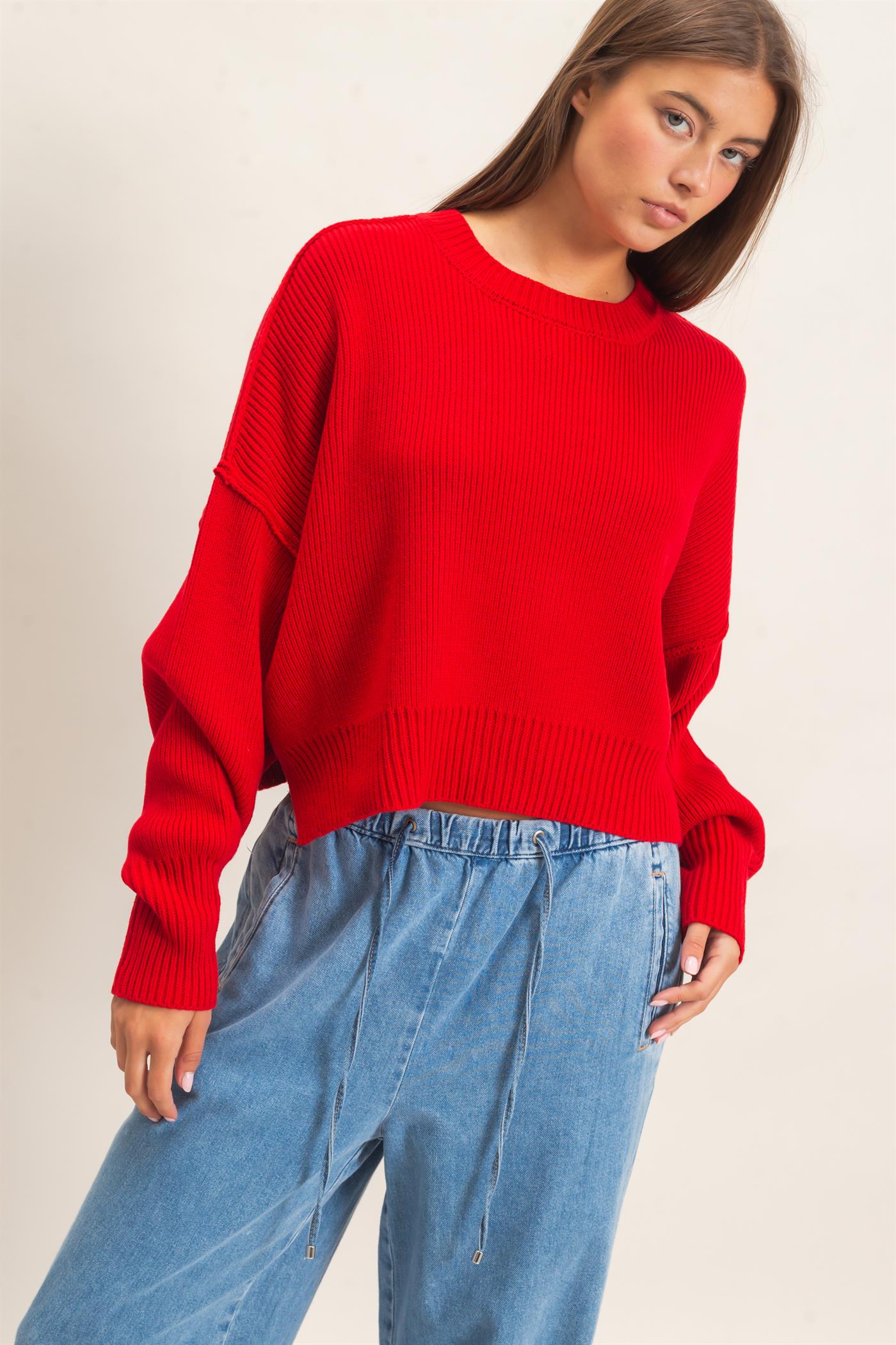 Wholesale Ribbed Drop Shoulder Sweater Sweaters DZ26C982 RED DOUBLE ZERO