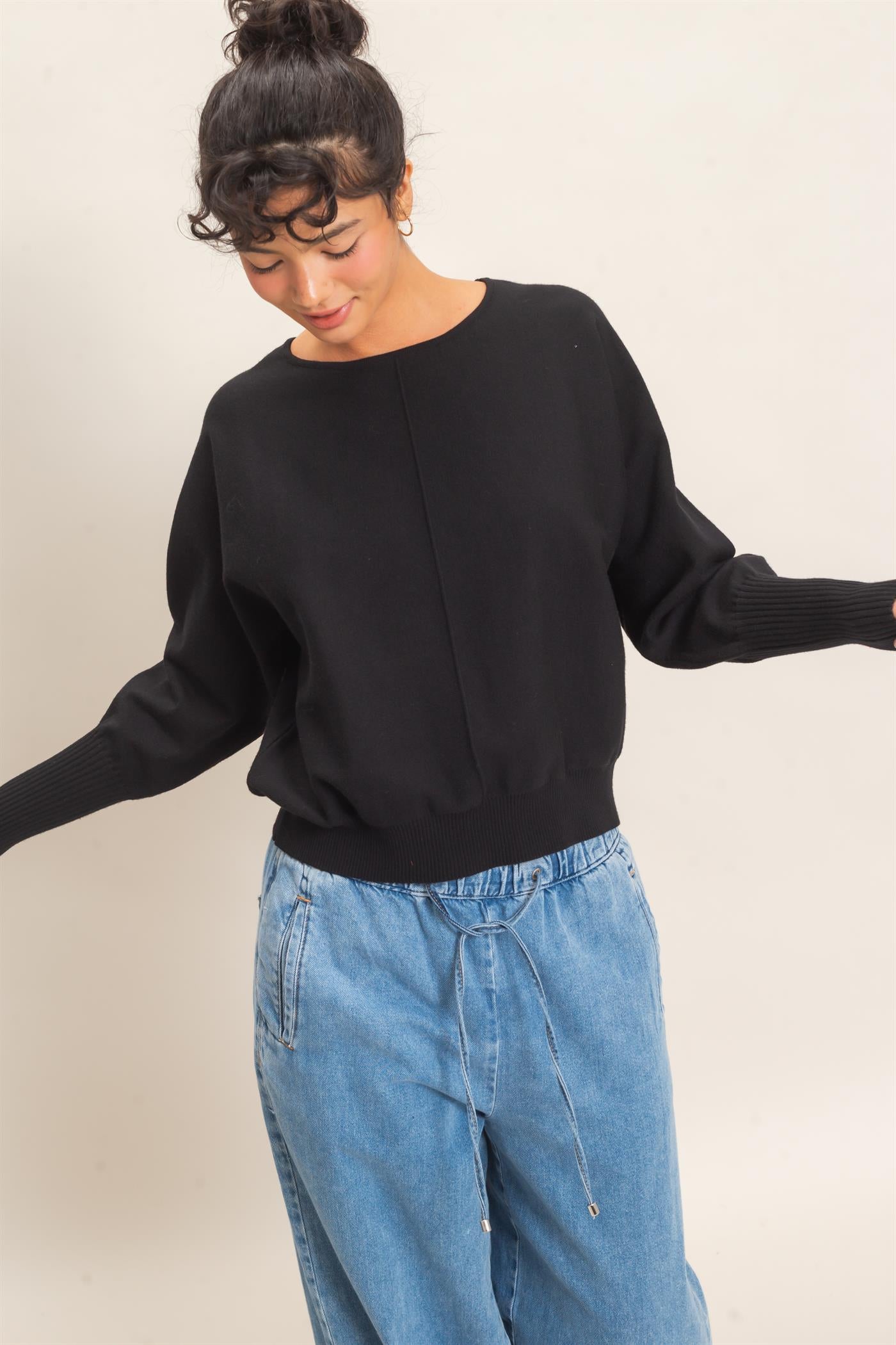 Wholesale Batwing Sleeve Center Seam Sweater Sweaters DZ26E079 BLACK DOUBLE ZERO