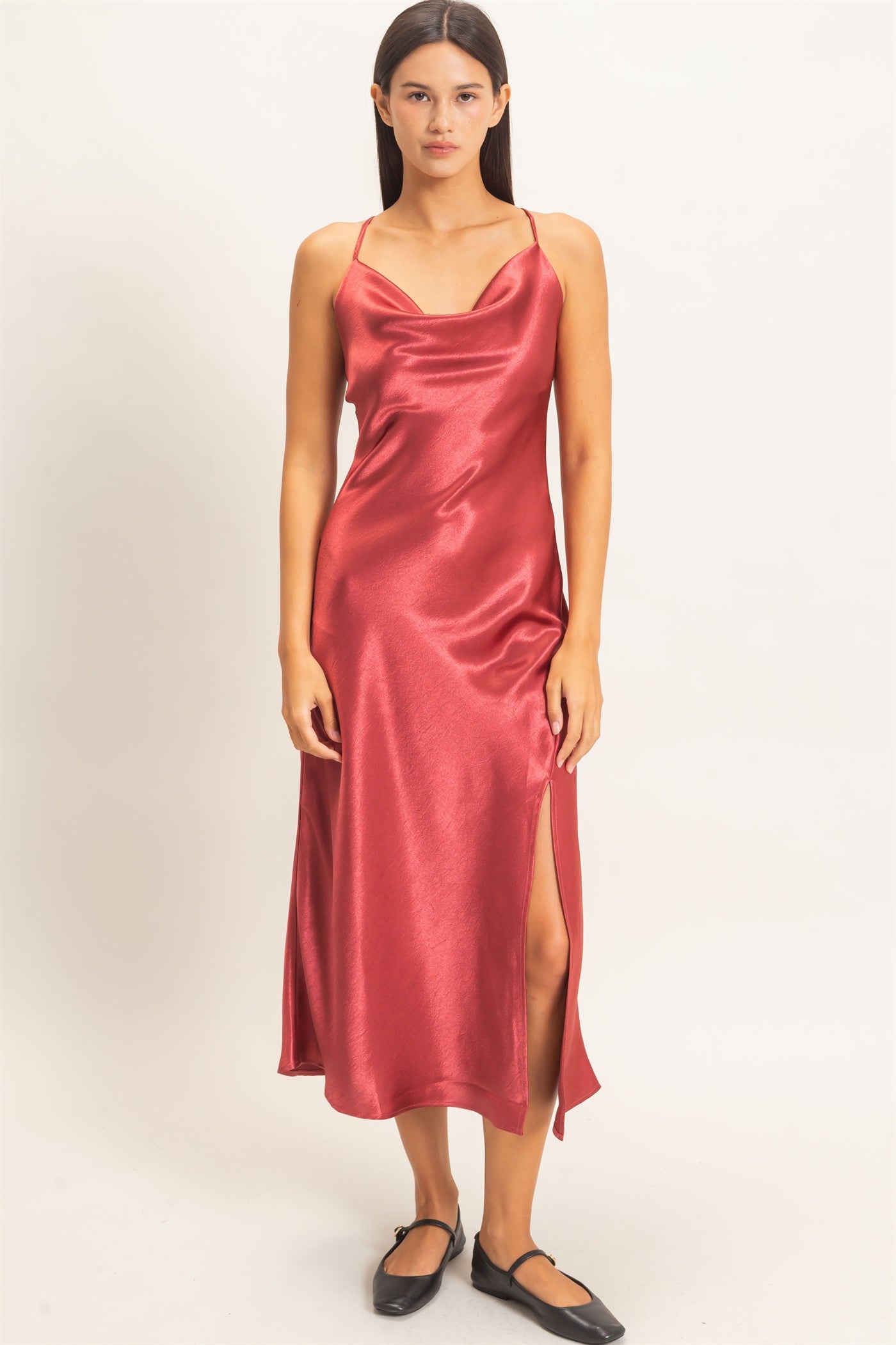 Wholesale Cowl Neck Satin Slip Dress Dresses DZ26E251 DARK RED DOUBLE ZERO