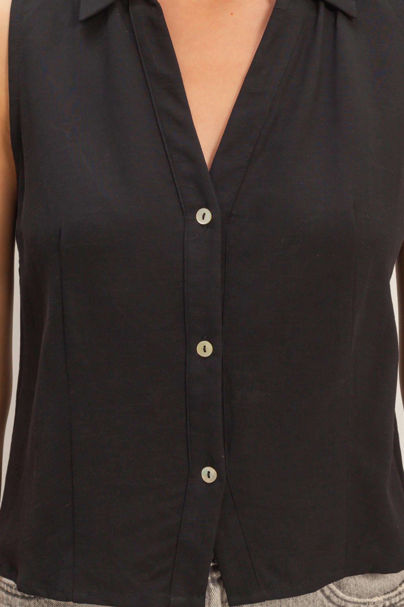 Wholesale Sleeveless Lyocell Linen Button Front Top Clothing Tops DZ26C189 BLACK DOUBLE ZERO