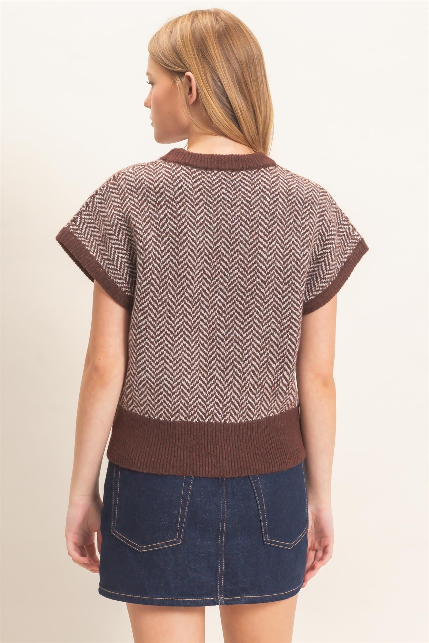 Wholesale Chevron Knit Cap Sleeve Sweater Sweaters HF26E542 CHESTNUT HYFVE