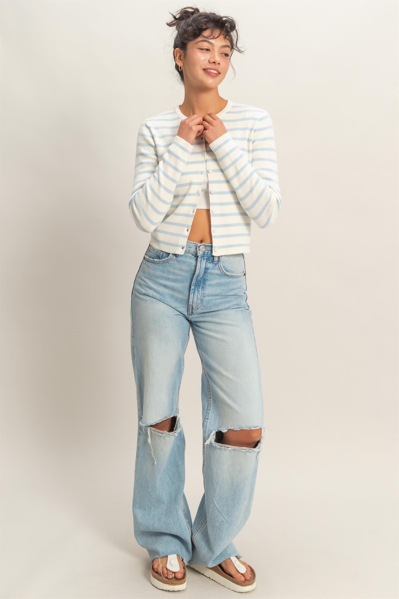 Wholesale Striped Button-Up Cardigan Cardigans DZ26C166 ICE BLUE DOUBLE ZERO