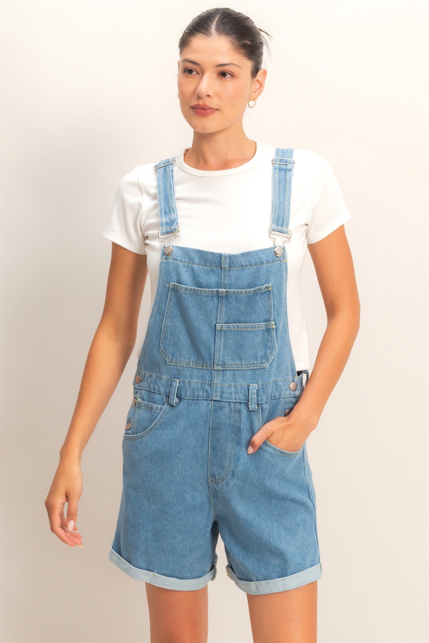 Wholesale Denim Cross Back Overalls Clothing HF26A571 MEDIUM DENIM HYFVE