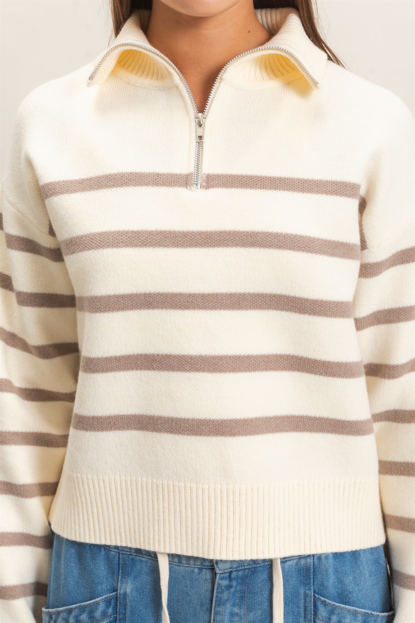 Wholesale Half-Zip Collared Stripe Sweater Sweaters DZ26E950 TAUPE DOUBLE ZERO