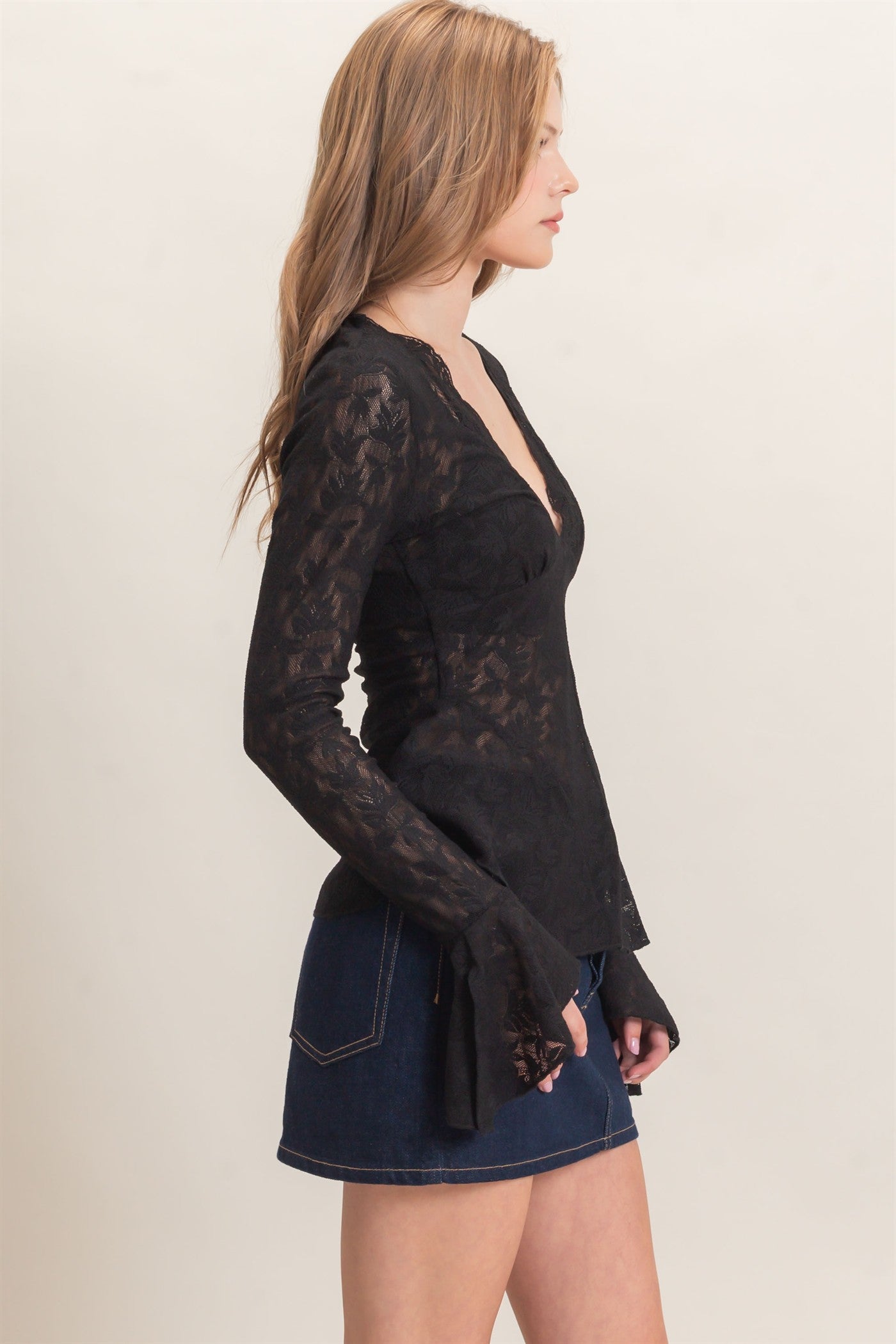 Wholesale Lace V-Neck Flare Sleeve Top Clothing Tops HF26E359 BLACK HYFVE