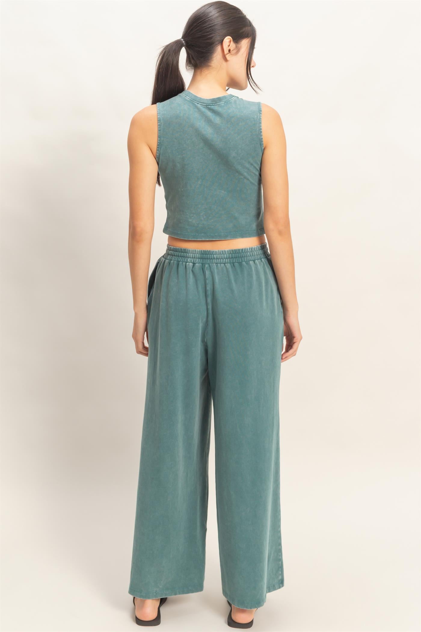 Wholesale Mineral Washed Sleeveless Top & Wide Leg Pants Set Clothing DZ26A371-SET DARK TEAL DOUBLE ZERO