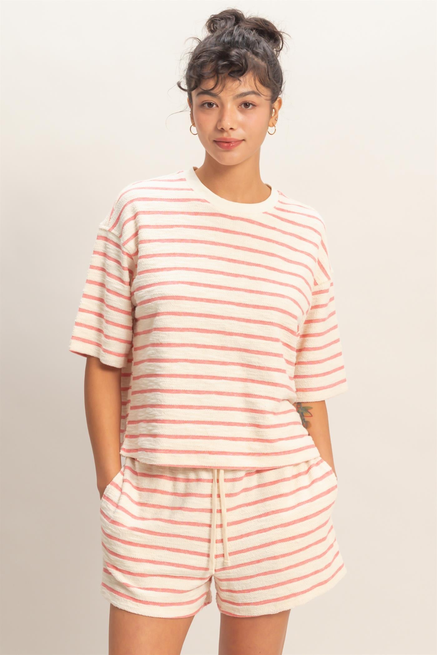 Wholesale Striped Short Sleeve Terry Crew Neck Top Clothing Tops DZ26A887 RED DOUBLE ZERO