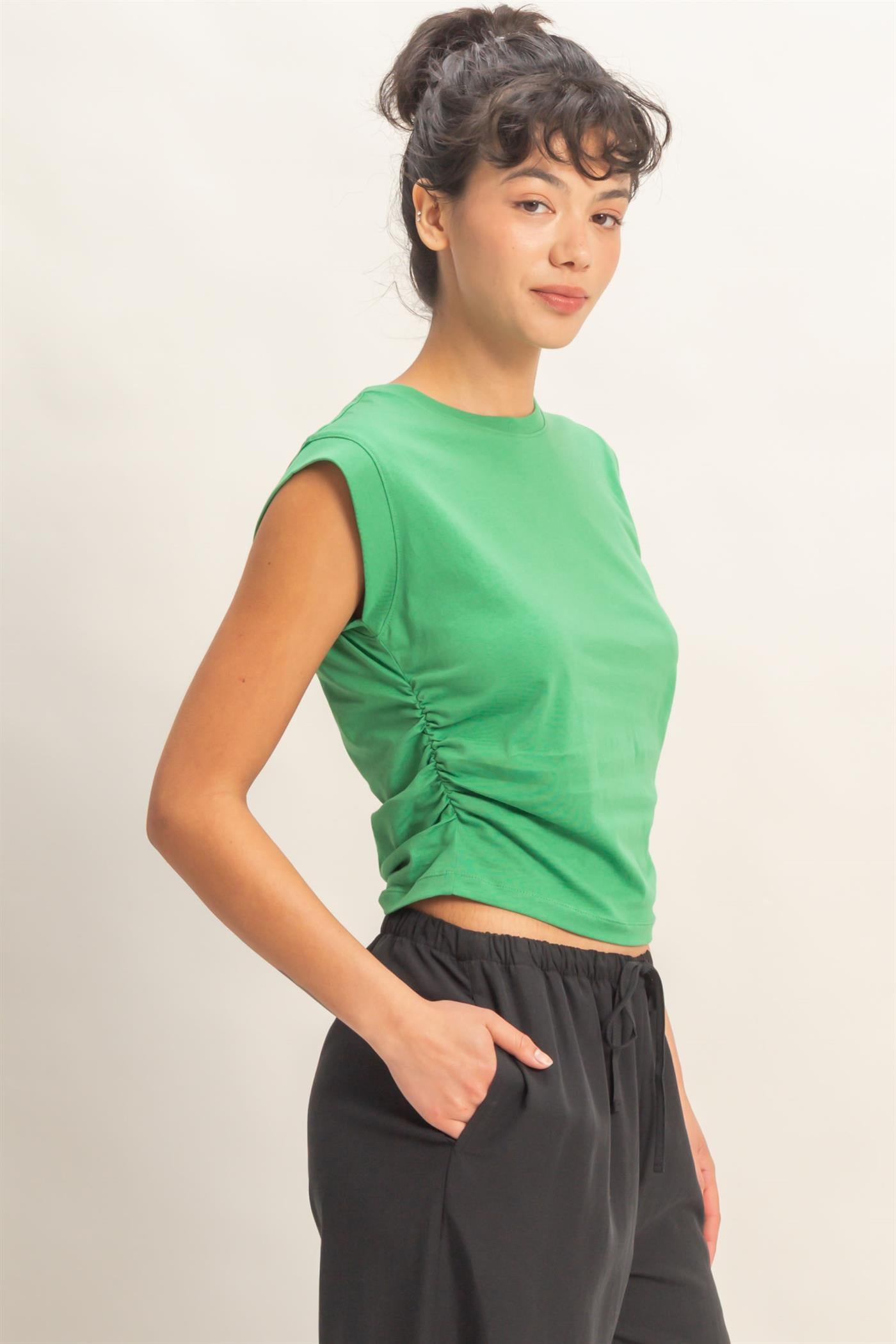 Wholesale Ruched Waist Sleeveless Cotton Top Clothing Tops DZ26C520 GREEN DOUBLE ZERO