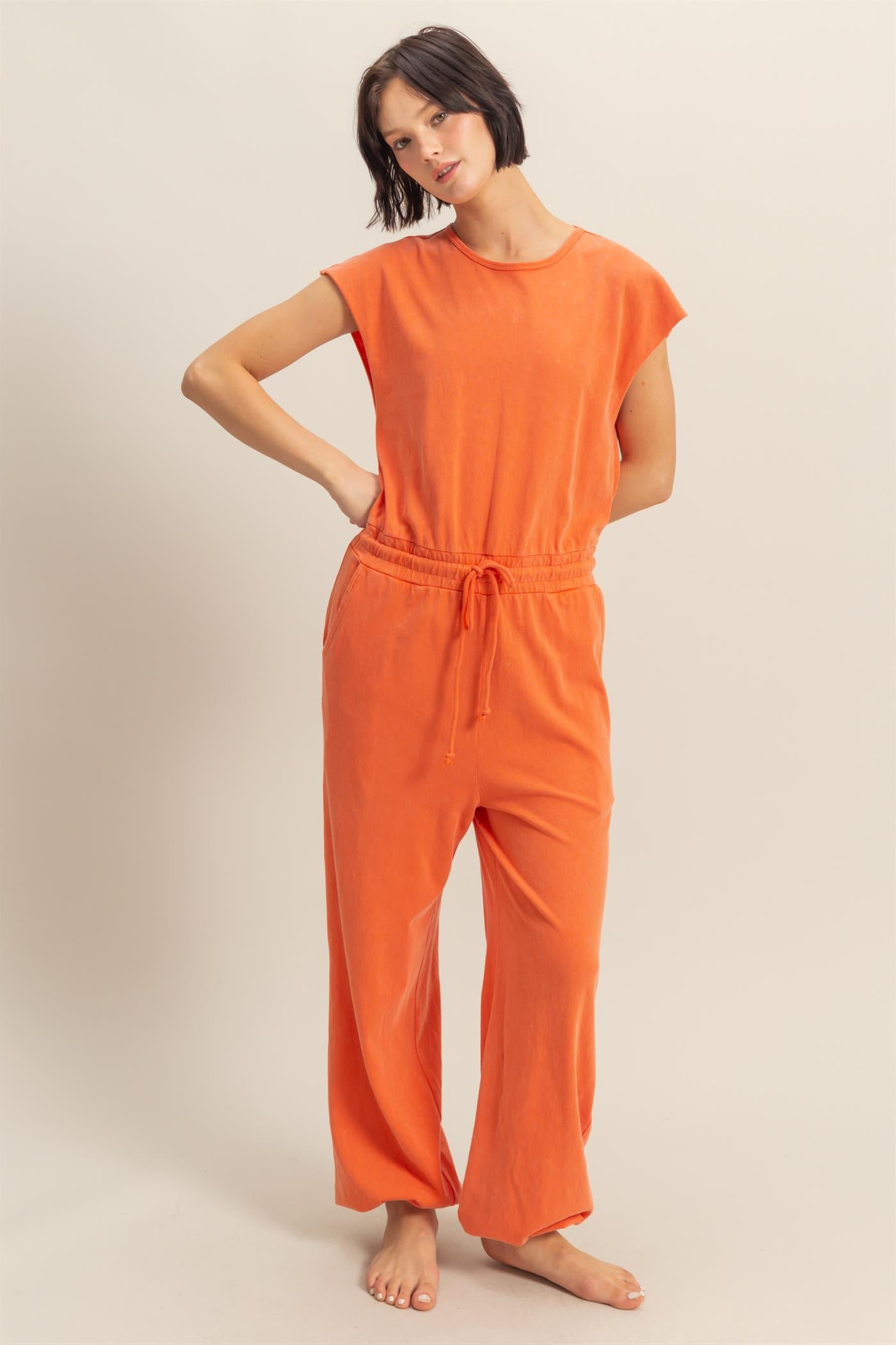 Wholesale Short Sleeve Casual Jumpsuit Clothing DZ24C619 TOMATO DOUBLE ZERO