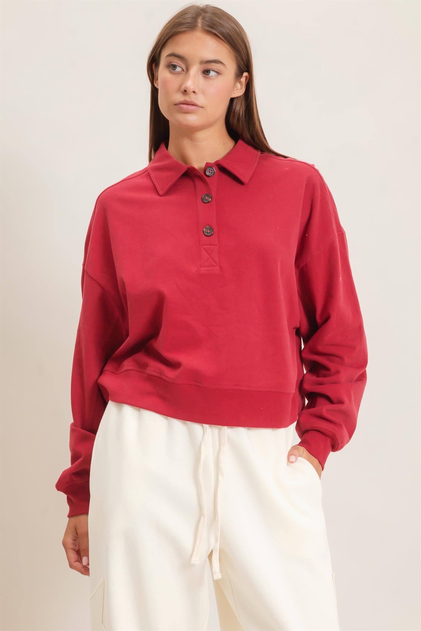 Wholesale Washed Button-Front Collared Sweatshirt Sweatshirts DZ26E390 DARK RED DOUBLE ZERO