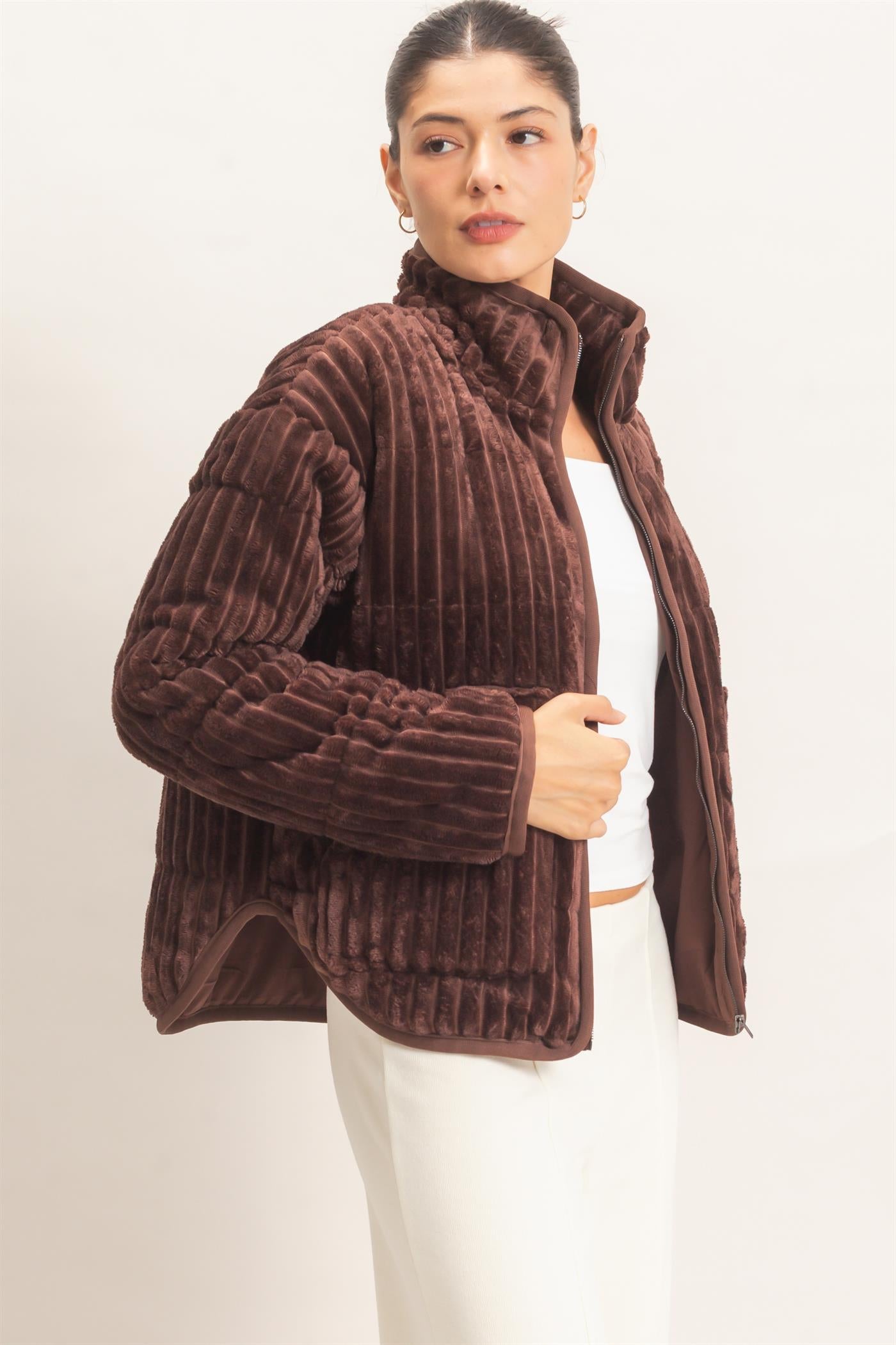 Wholesale Quilted Corduroy Zip-Up Jacket Coats & Jackets HF26E753 CHOCOLATE HYFVE