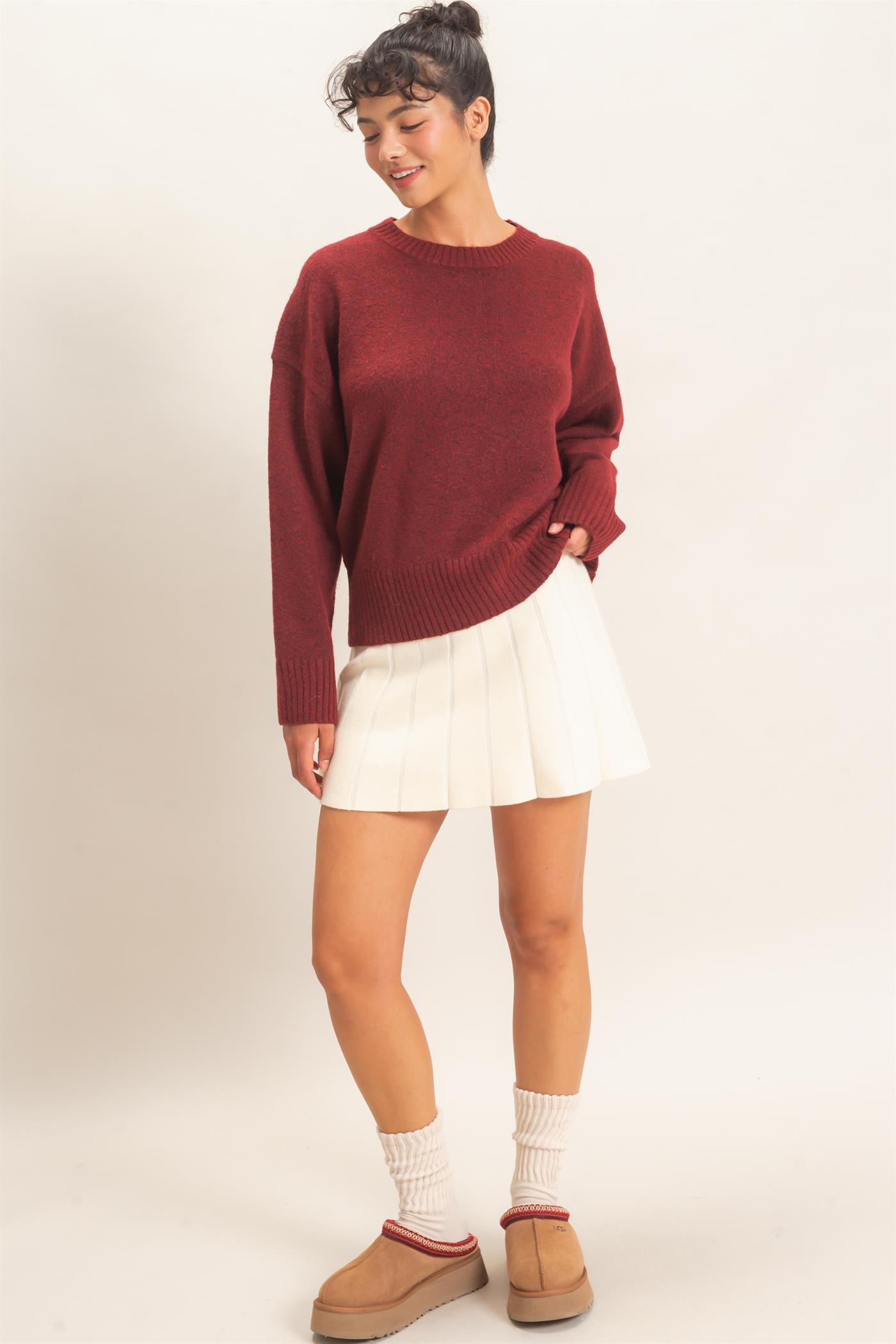 Wholesale Relaxed Fit Crew Neck Sweater Sweaters DZ26E956 BURGUNDY DOUBLE ZERO