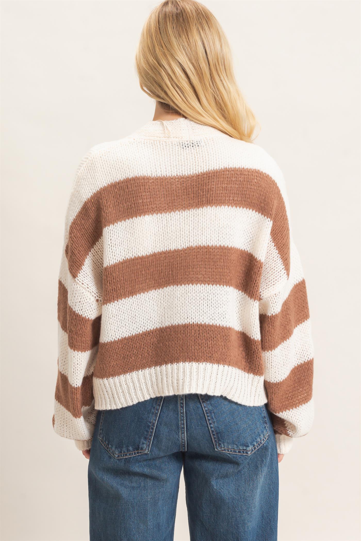 Wholesale Striped V-Neck Sweater Cardigan Cardigans HF26E959 BROWN HYFVE