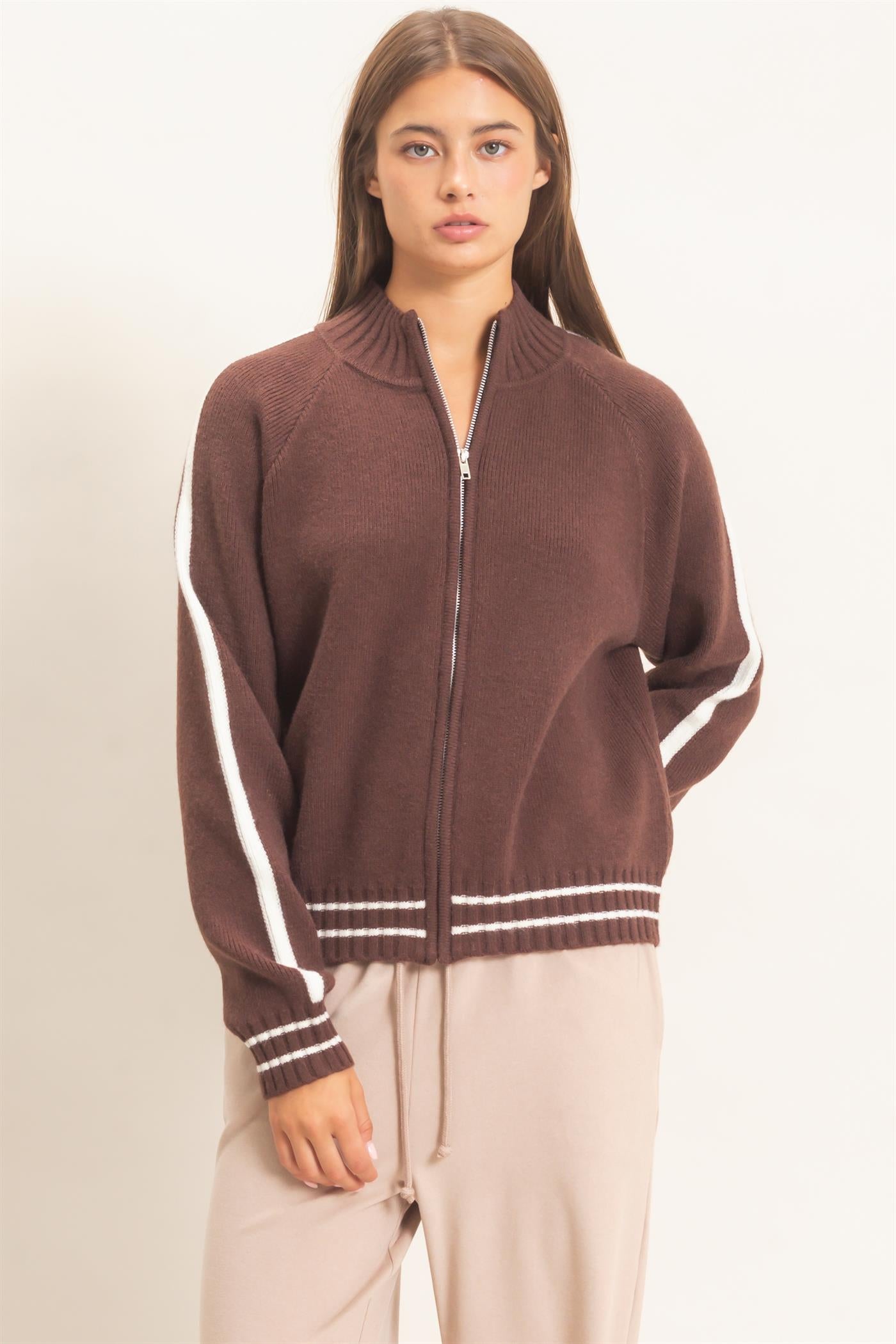 Wholesale Contrast Stripe Zip-Up Sweater Sweaters DZ26E861 DARK BROWN DOUBLE ZERO