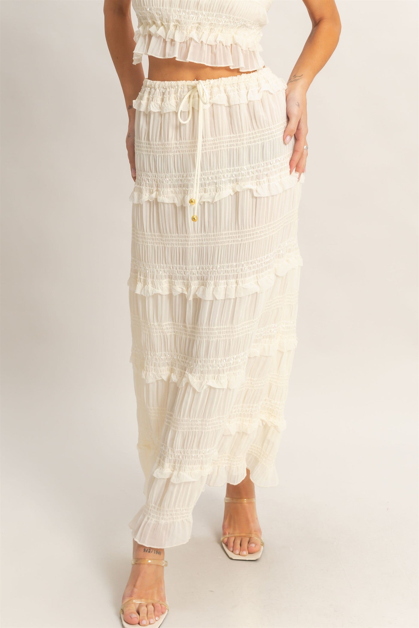 Wholesale Tiered Ruffle Midi Skirt Skirts HF25E833 CREAM HYFVE