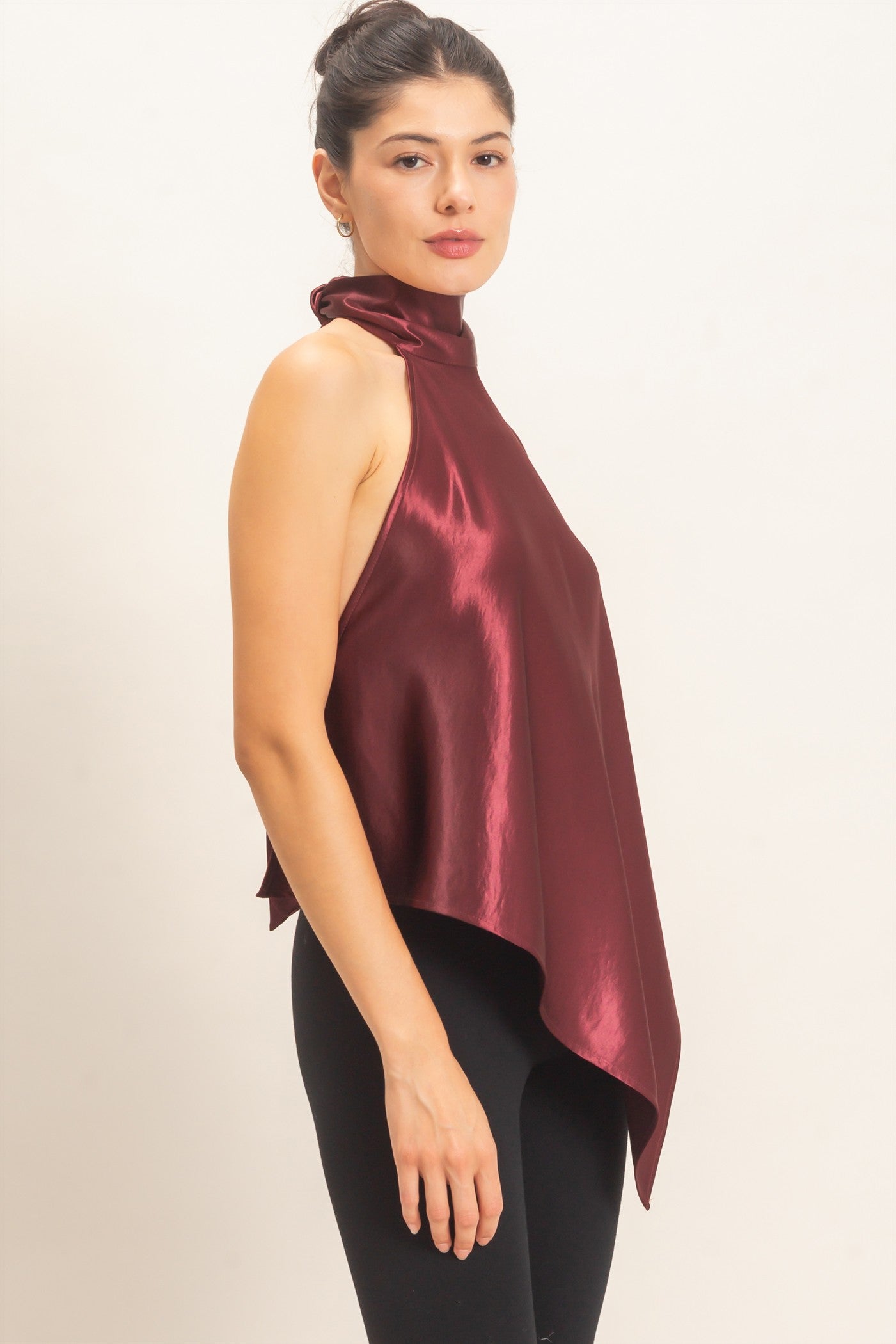 Wholesale Asymmetrical Satin Halter Top Blouses HF26F114 WINE HYFVE