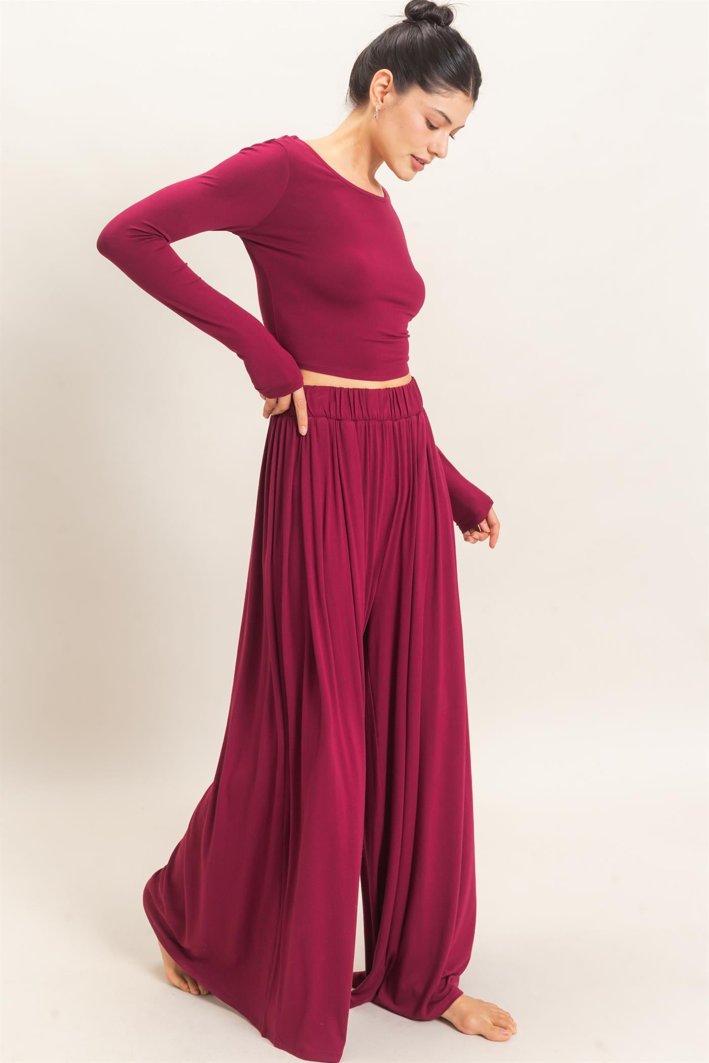 Wholesale Long Sleeve Top & Wide Leg Pants Set Clothing HF26F227-SET-D BURGUNDY HYFVE