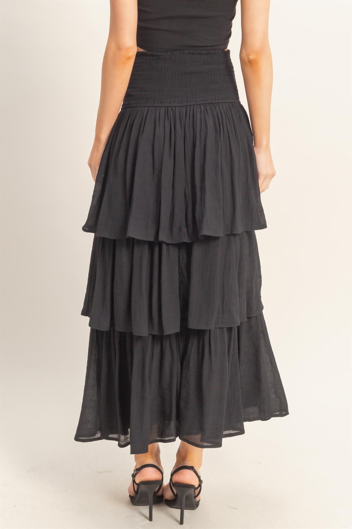 Wholesale Tiered Smocked Waist Skirt Skirts HF26C188-D BLACK HYFVE