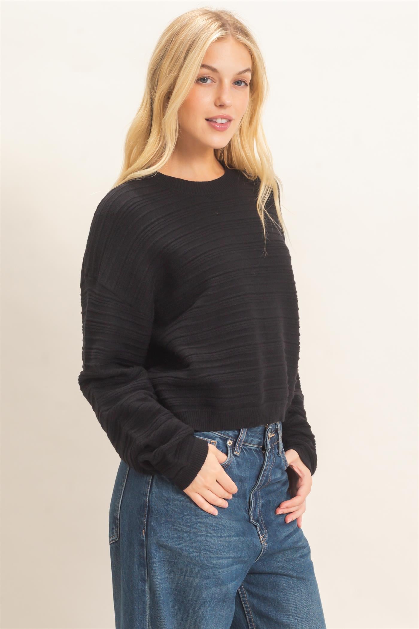 Wholesale Textured Crew Neck Sweater Sweaters HF26F196 BLACK HYFVE
