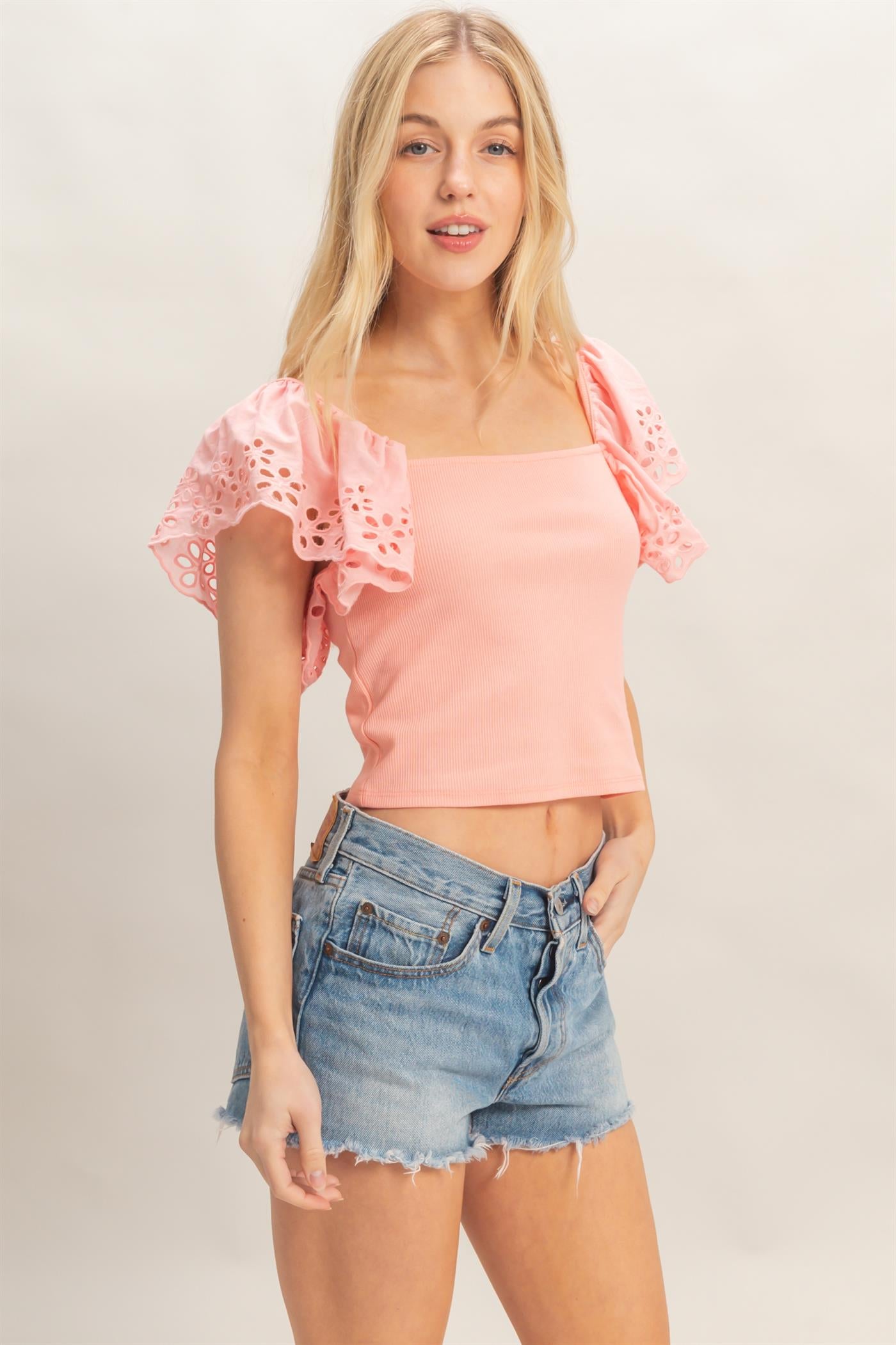 Wholesale Square Neck Eyelet Sleeve Top Clothing Tops HF26A623 PINK HYFVE