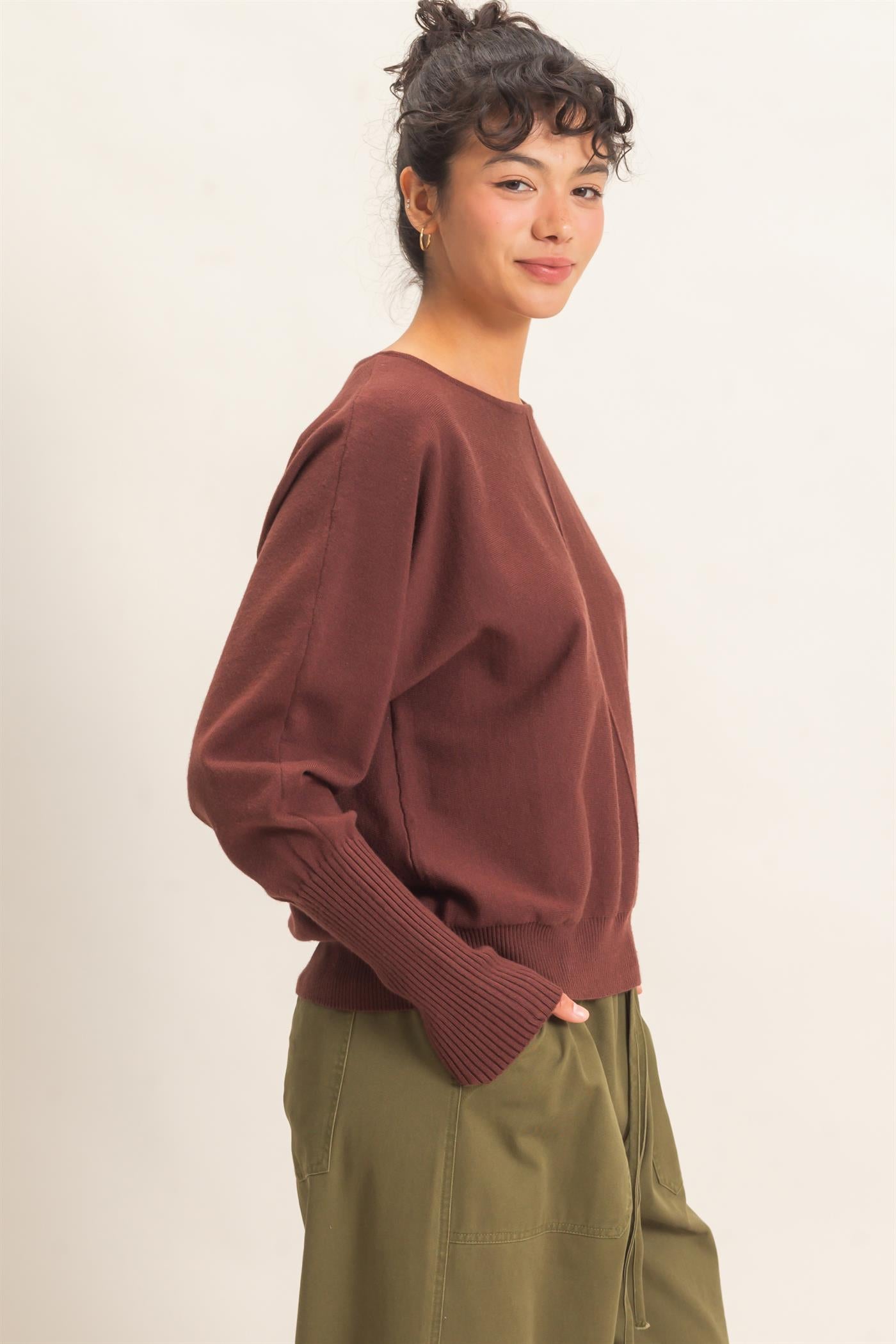 Wholesale Batwing Sleeve Center Seam Sweater Sweaters DZ26E079 DARK BROWN DOUBLE ZERO
