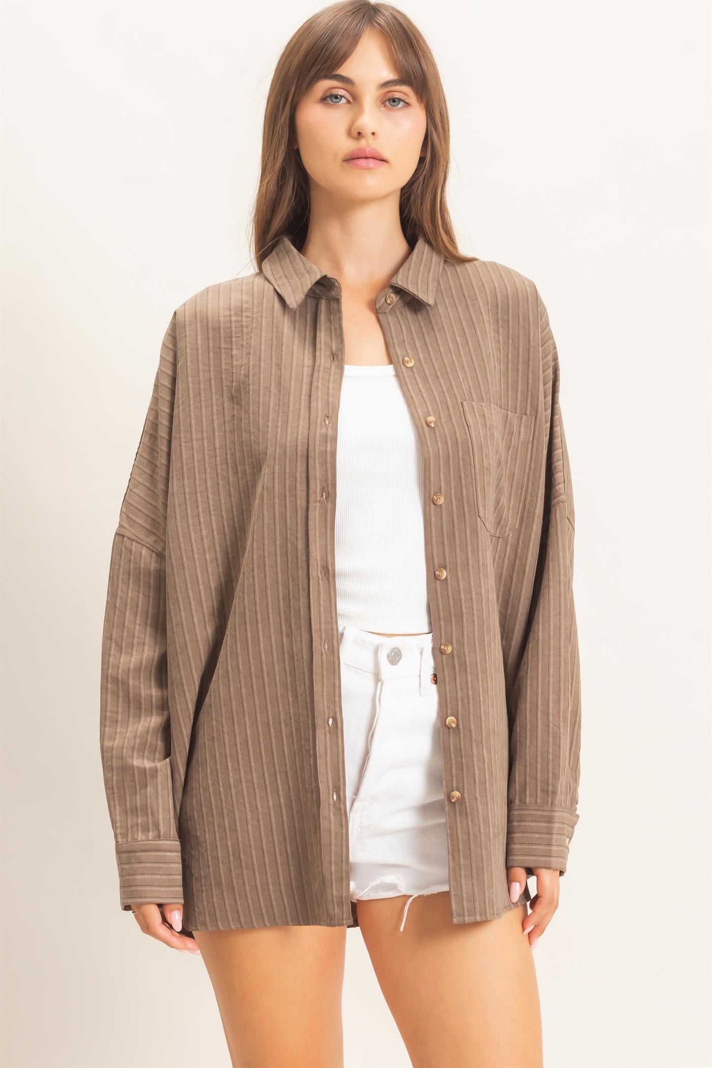 Wholesale Striped Button-Up Shirt Shirts HF26F134 BROWN HYFVE