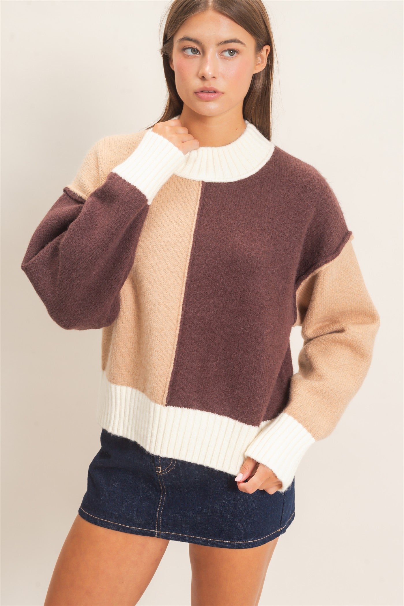 Wholesale Color Block Mock Neck Sweater Sweaters DZ27A211 BROWN DOUBLE ZERO