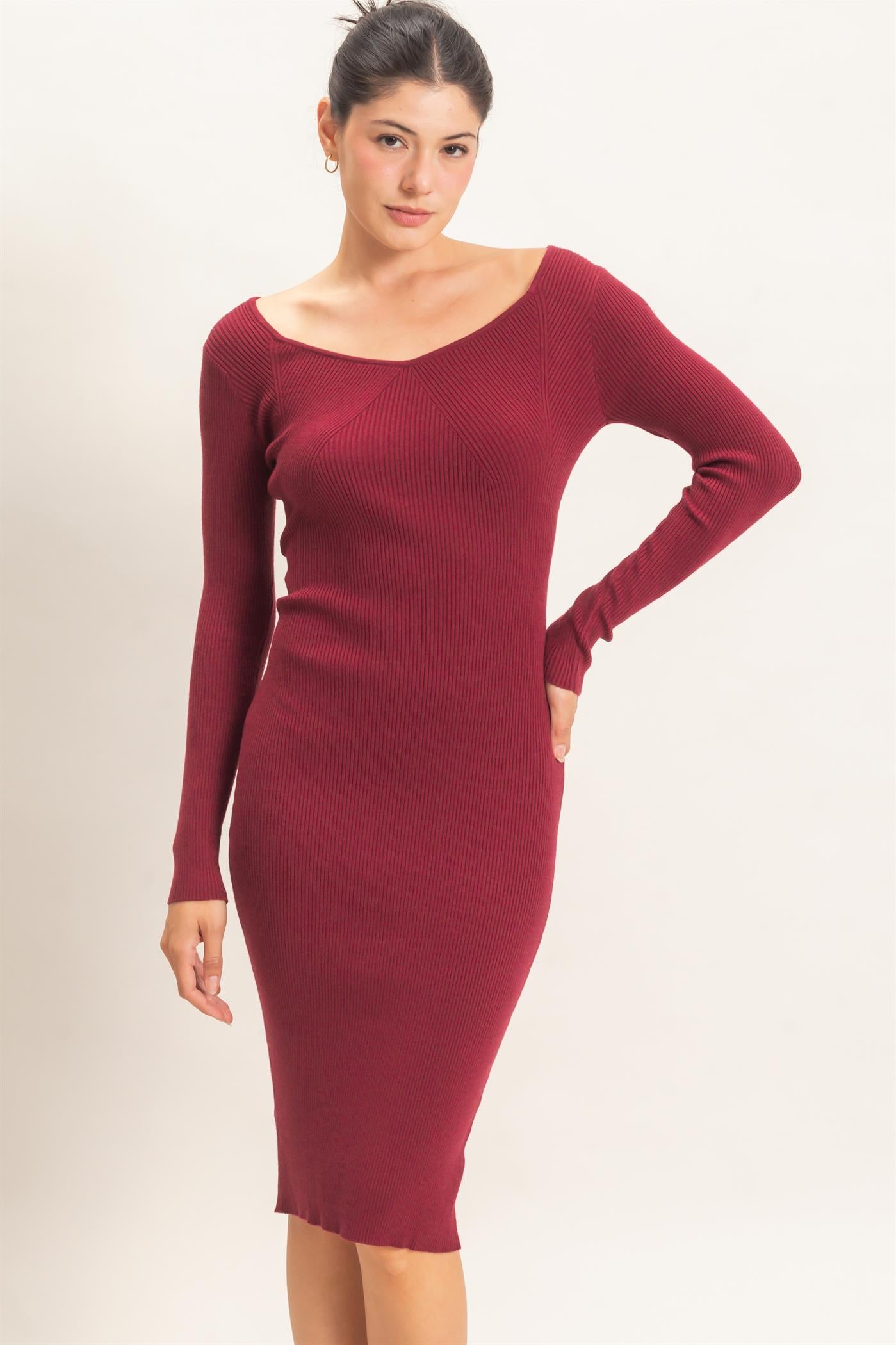 Wholesale Ribbed V-Neck Long Sleeve Dress Dresses HF26E217 RUBY WINE HYFVE