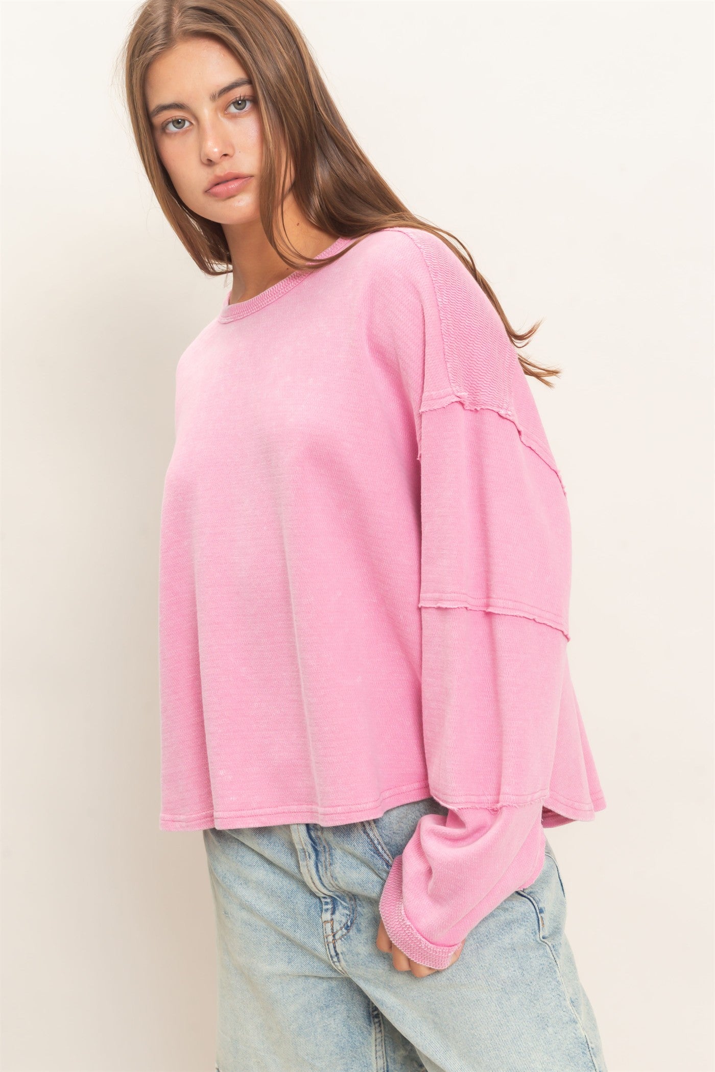 Wholesale Mineral Wash Overzised Raw Edge Crew Neck Top Clothing Tops DZ26E449 PINK DOUBLE ZERO